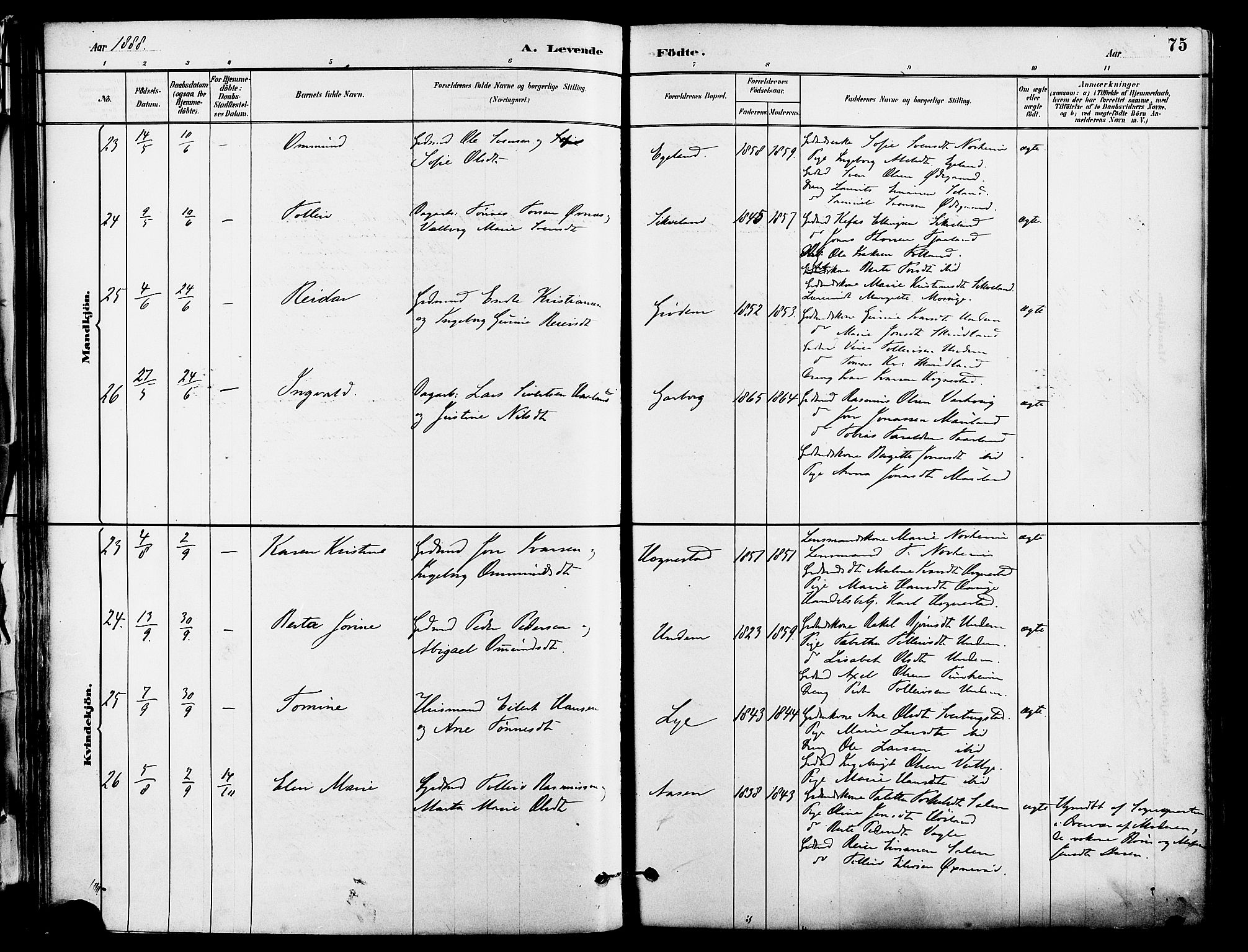 Lye sokneprestkontor, SAST/A-101794/001/30BA/L0009: Parish register (official) no. A 8, 1881-1892, p. 75