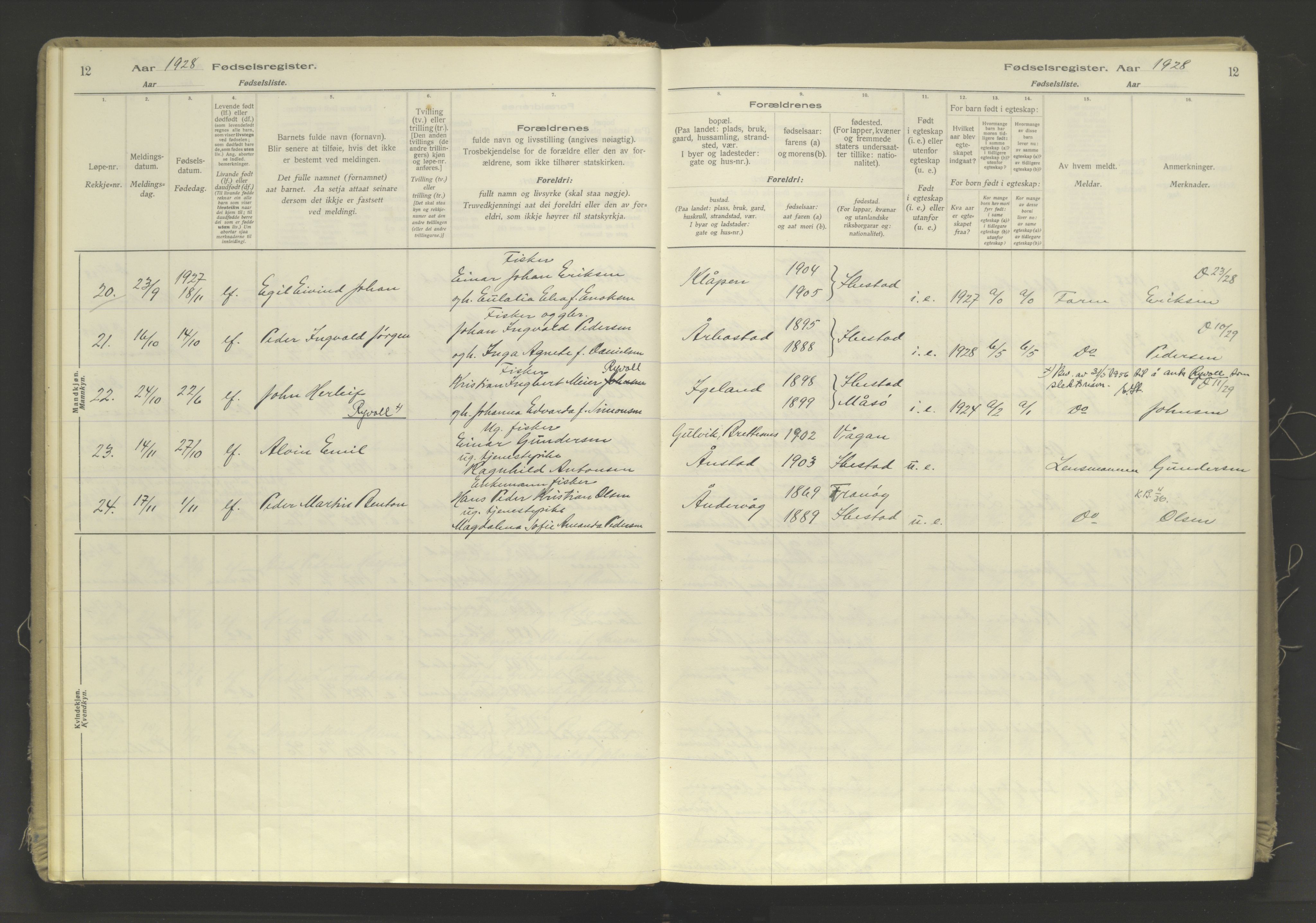 Ibestad sokneprestembete, AV/SATØ-S-0077/I/Ic/L0063: Birth register no. 63, 1926-1982, p. 12