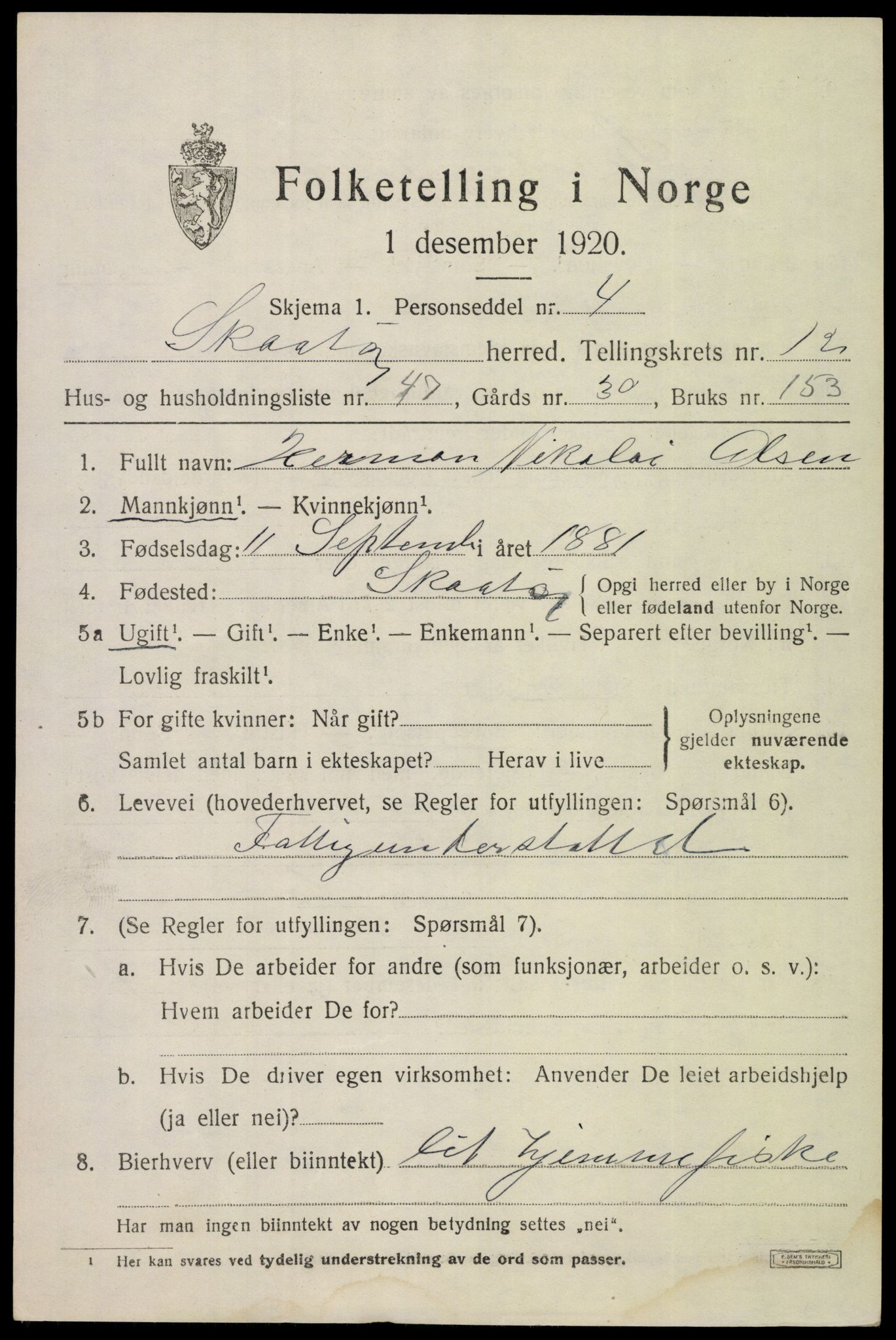 SAKO, 1920 census for Skåtøy, 1920, p. 8624