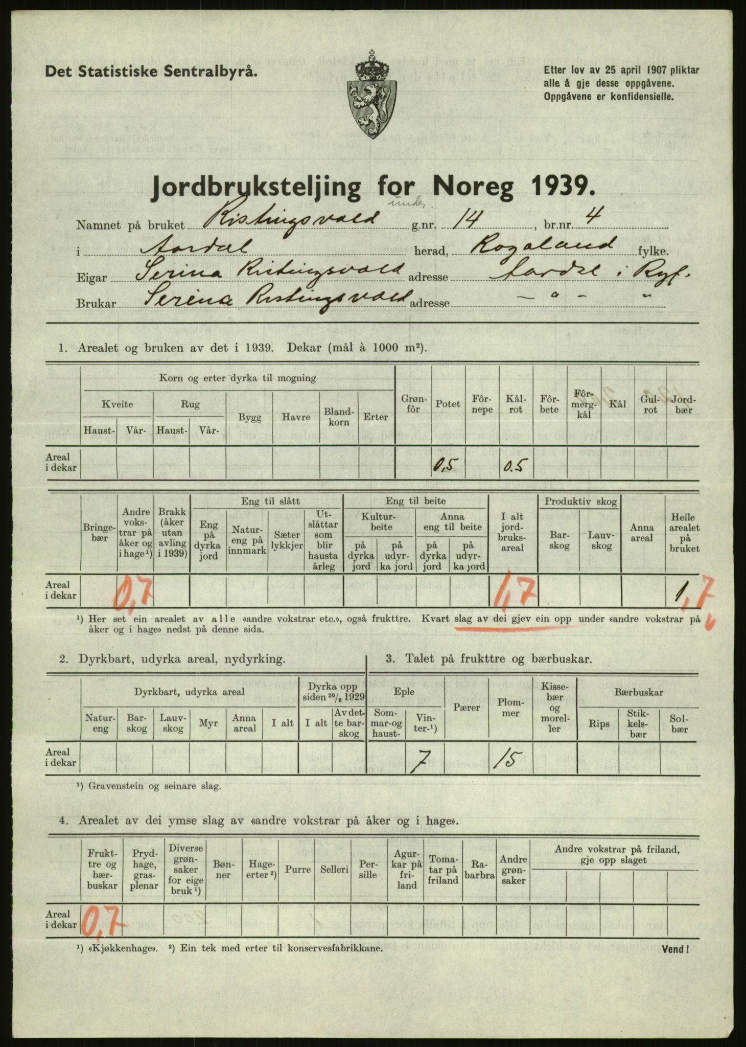 Statistisk sentralbyrå, Næringsøkonomiske emner, Jordbruk, skogbruk, jakt, fiske og fangst, AV/RA-S-2234/G/Gb/L0184: Rogaland: Årdal, Fister og Hjelmeland, 1939, p. 369