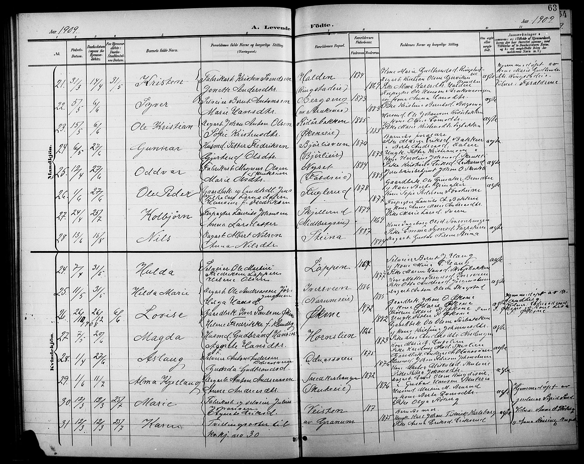 Søndre Land prestekontor, SAH/PREST-122/L/L0004: Parish register (copy) no. 4, 1901-1915, p. 63