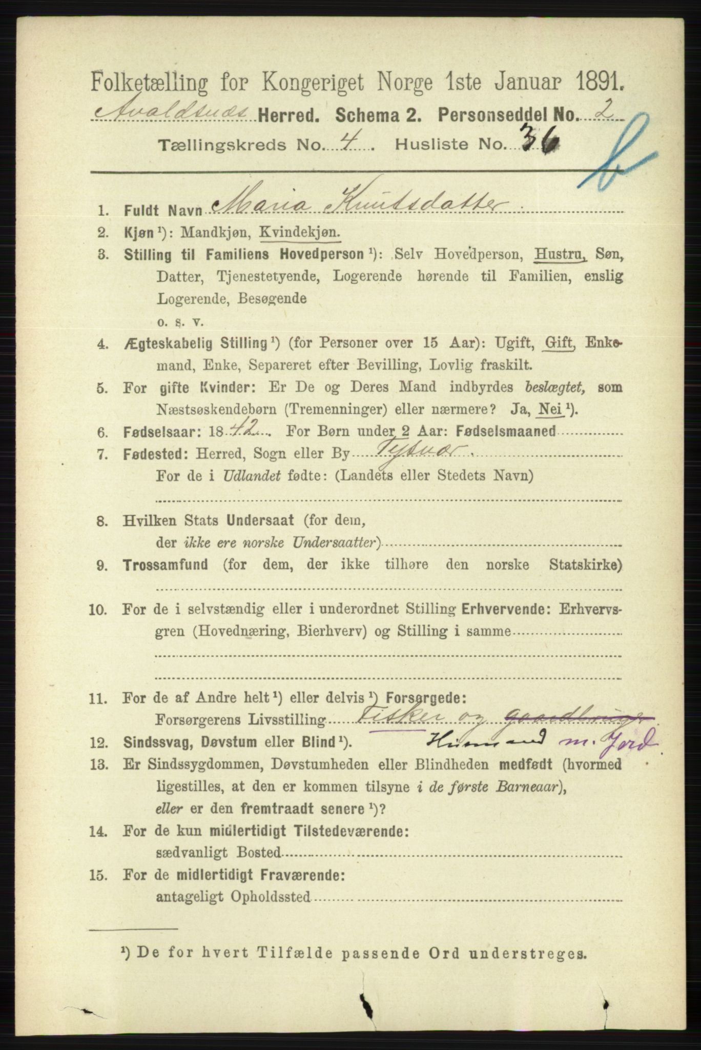 RA, 1891 census for 1147 Avaldsnes, 1891, p. 2985