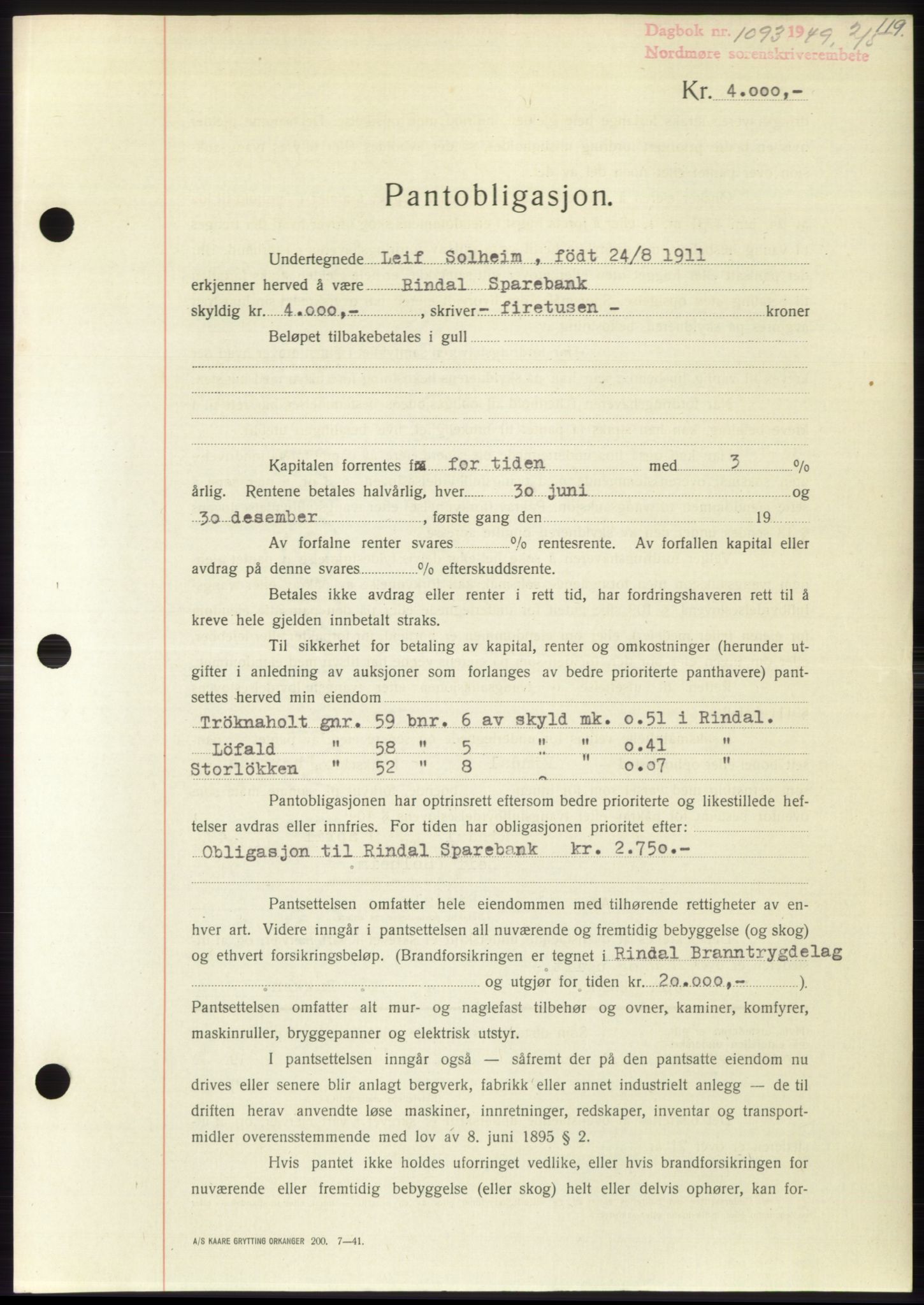 Nordmøre sorenskriveri, SAT/A-4132/1/2/2Ca: Mortgage book no. B101, 1949-1949, Diary no: : 1093/1949