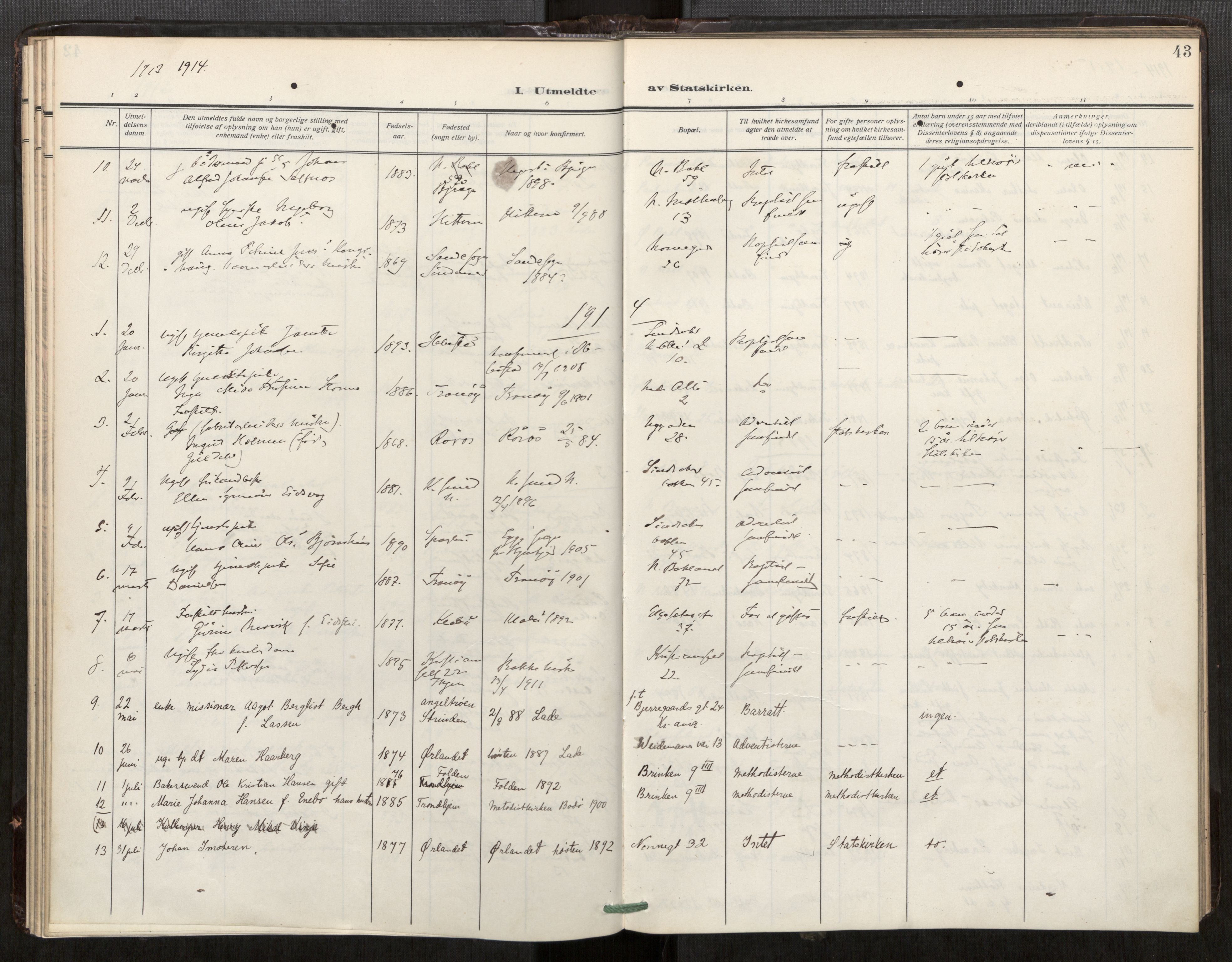 Bakklandet sokneprestkontor, SAT/A-1127: Parish register (official) no. 604A32, 1912-1919, p. 43