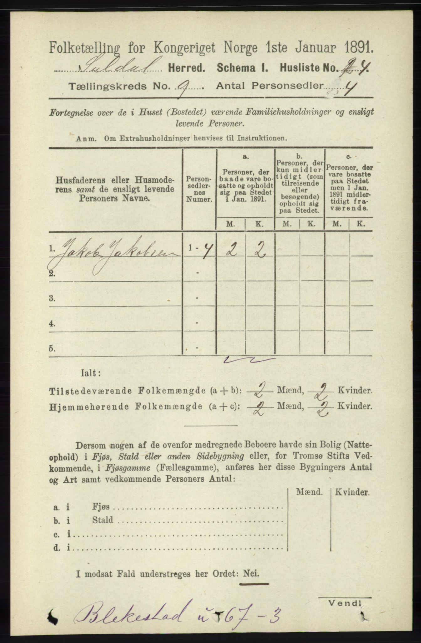 RA, 1891 census for 1134 Suldal, 1891, p. 2646