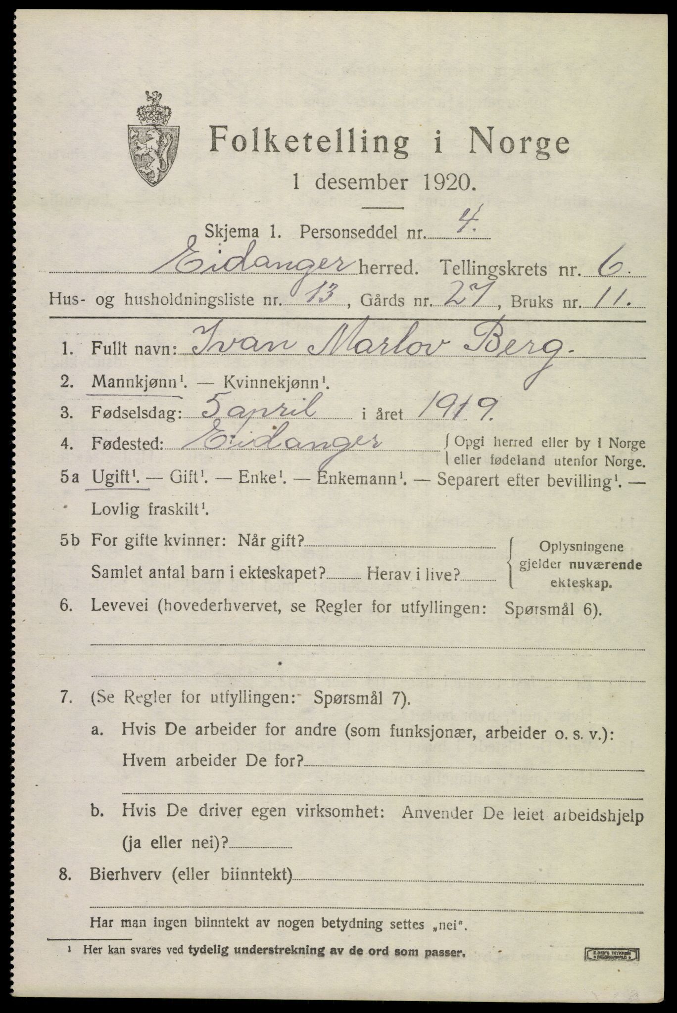 SAKO, 1920 census for Eidanger, 1920, p. 5210