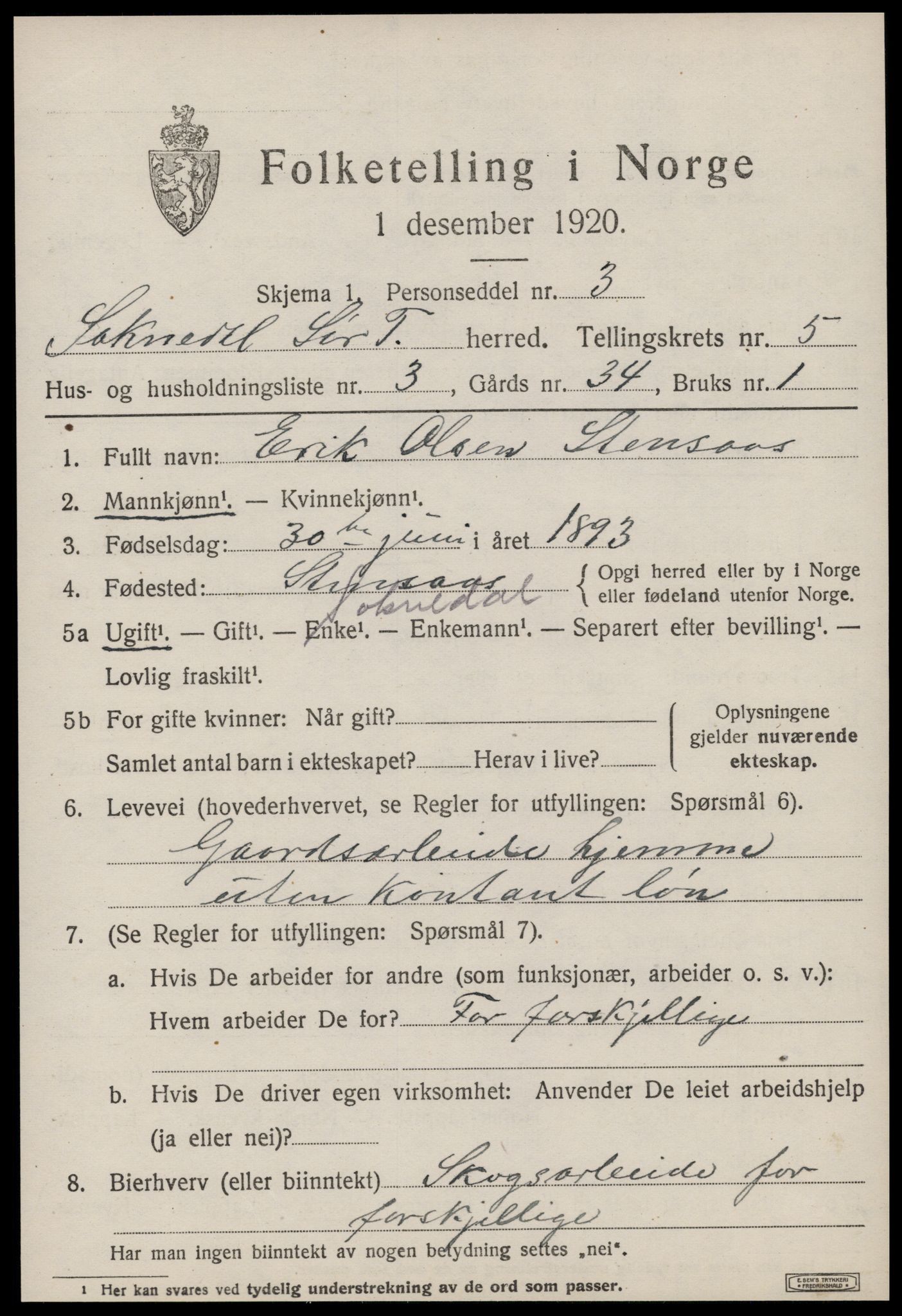 SAT, 1920 census for Soknedal, 1920, p. 2688