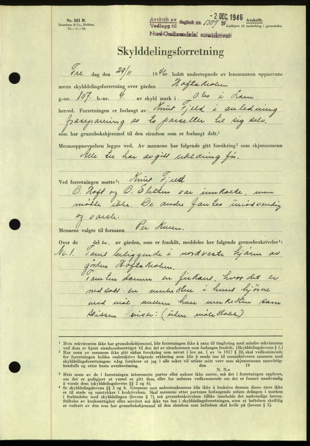 Nord-Gudbrandsdal tingrett, AV/SAH-TING-002/H/Hb/Hbb/L0015: Mortgage book no. FA15, 1946-1946, Diary no: : 1359/1946