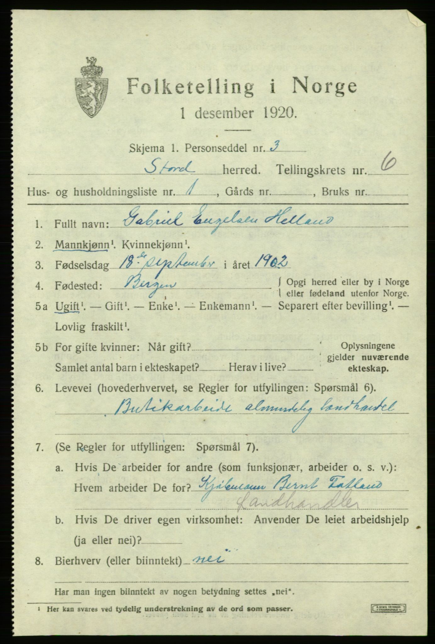 SAB, 1920 census for Stord, 1920, p. 2363