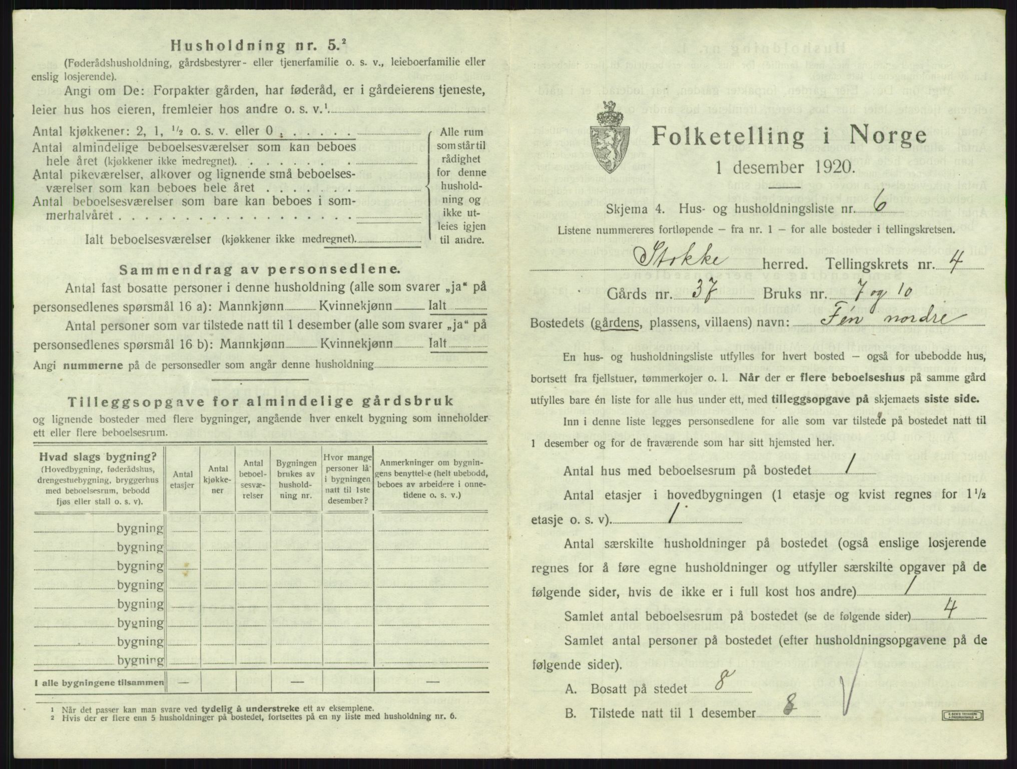 SAKO, 1920 census for Stokke, 1920, p. 816