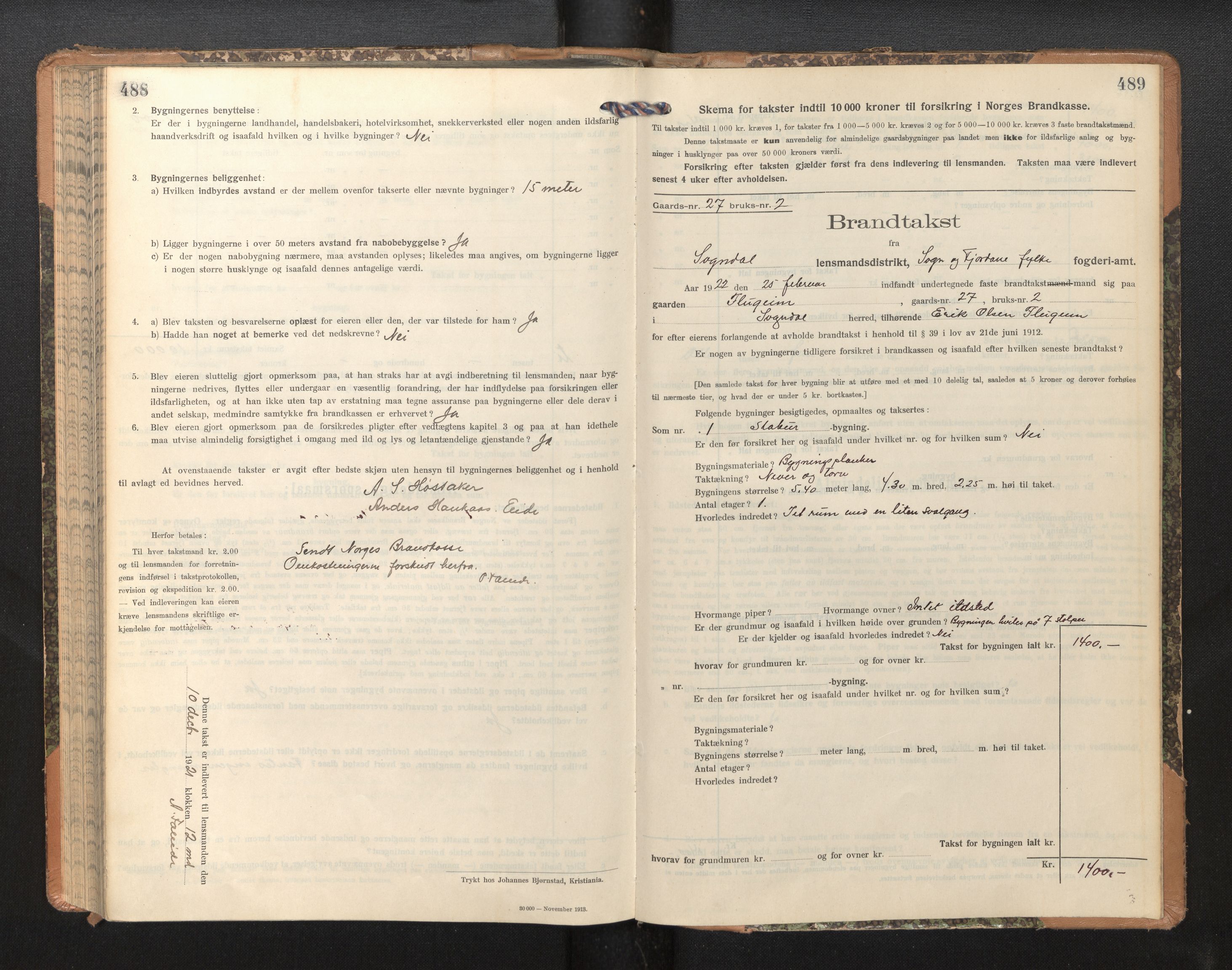Lensmannen i Sogndal, SAB/A-29901/0012/L0011: Branntakstprotokoll, skjematakst, 1914-1922, p. 488-489