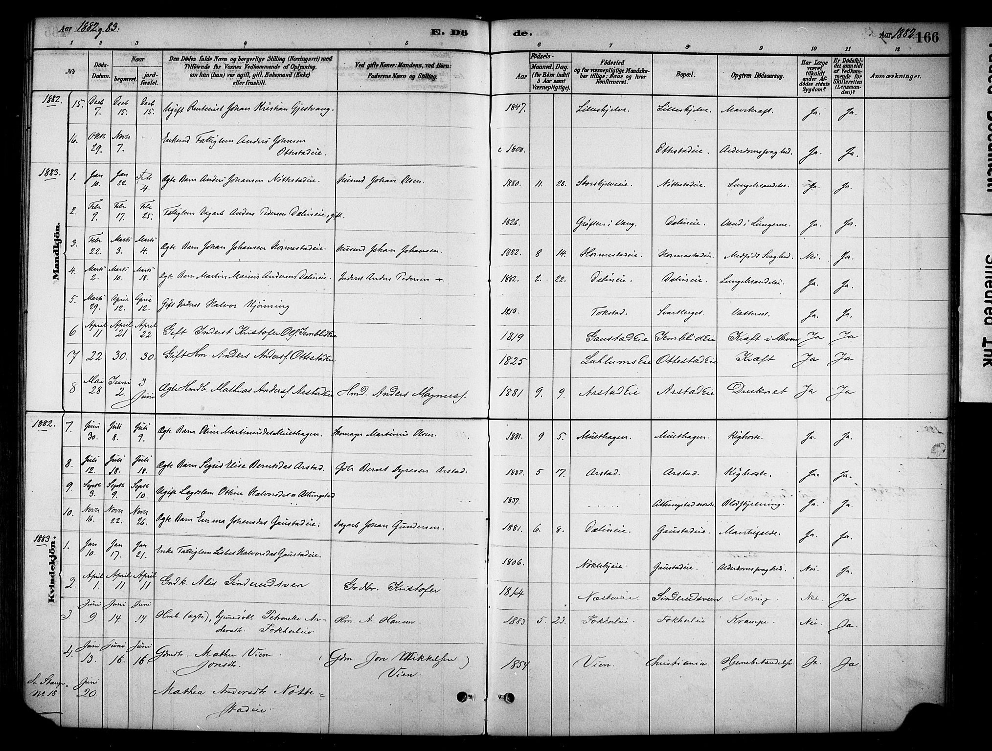 Stange prestekontor, AV/SAH-PREST-002/K/L0019: Parish register (official) no. 19, 1880-1891, p. 166