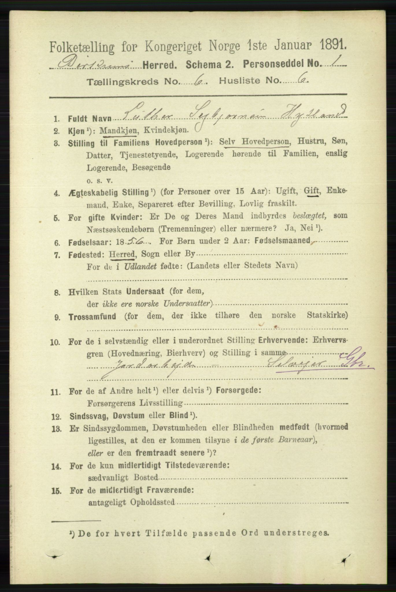 RA, 1891 census for 1114 Bjerkreim, 1891, p. 2103