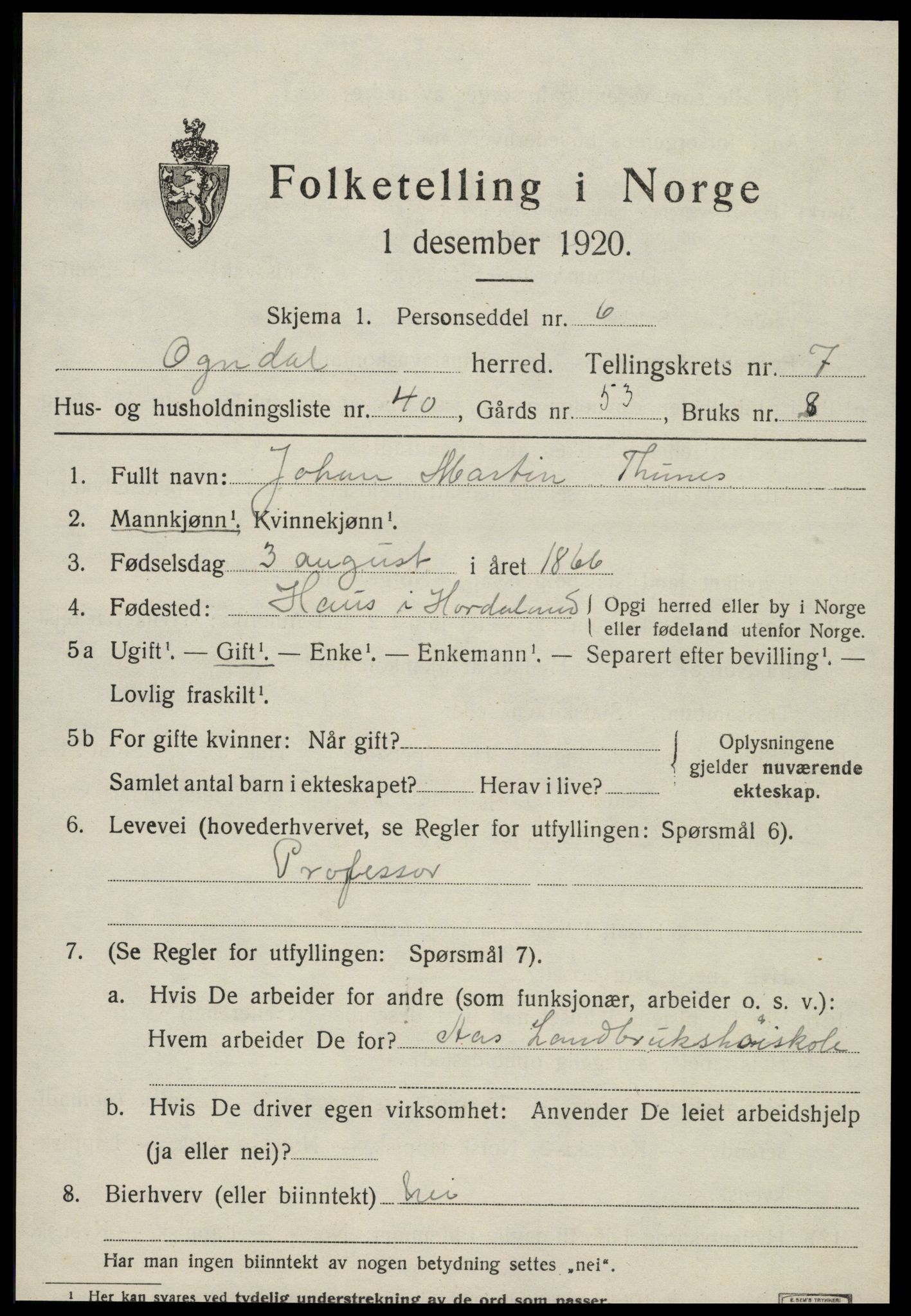 SAT, 1920 census for Ogndal, 1920, p. 3197