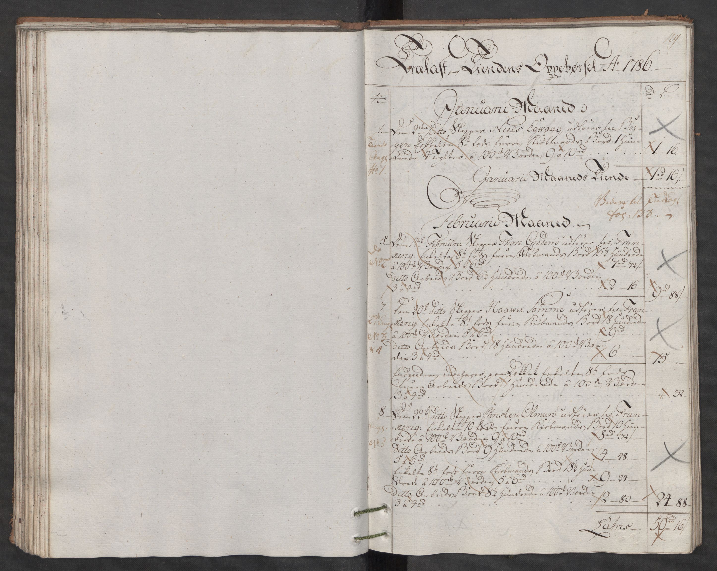 Generaltollkammeret, tollregnskaper, RA/EA-5490/R22/L0048/0001: Tollregnskaper Stavanger / Hovedtollbok, 1786, p. 128b-129a