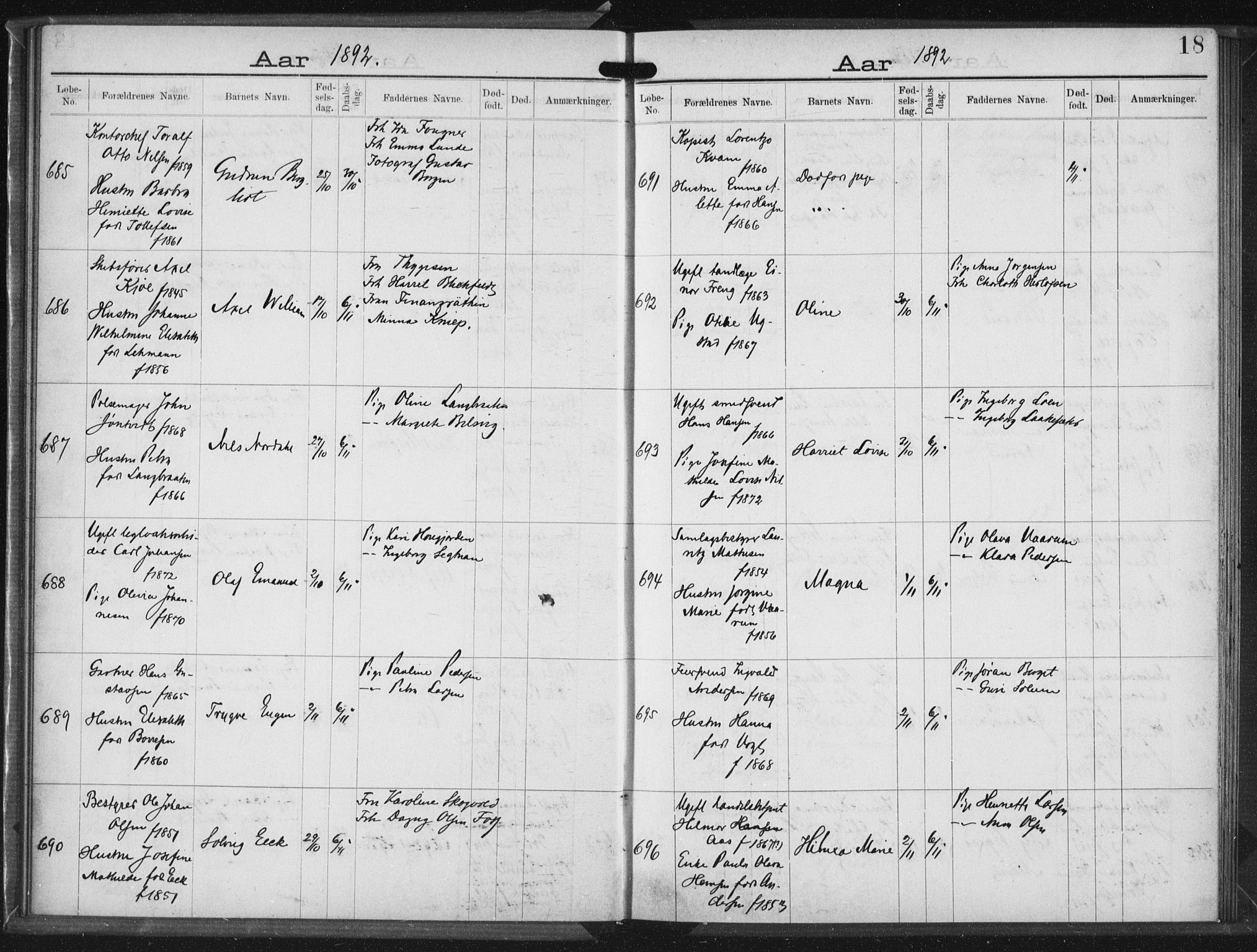 Rikshospitalet prestekontor Kirkebøker, AV/SAO-A-10309b/K/L0004/0001: Baptism register no. 4.1, 1892-1895, p. 18