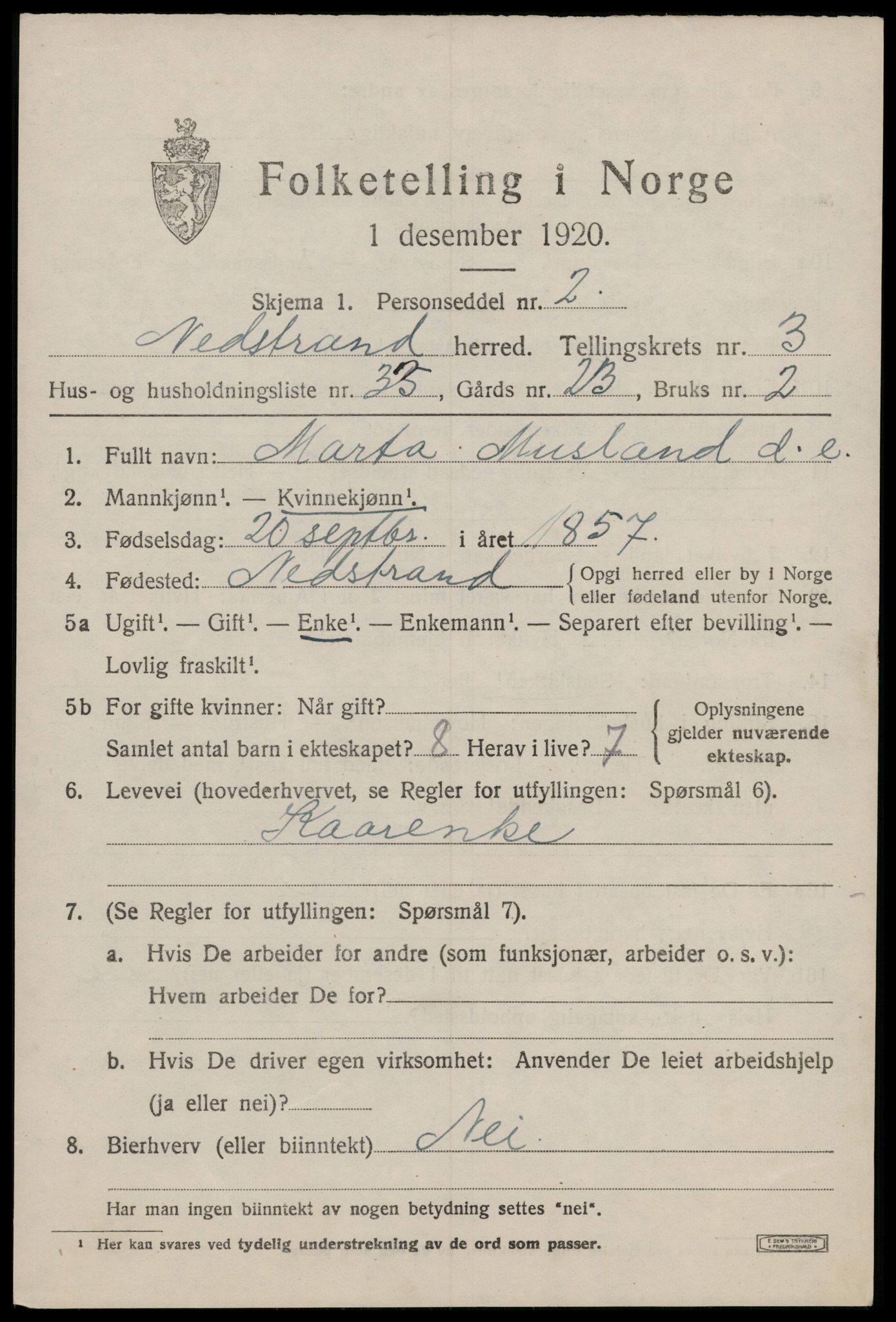 SAST, 1920 census for Nedstrand, 1920, p. 1681