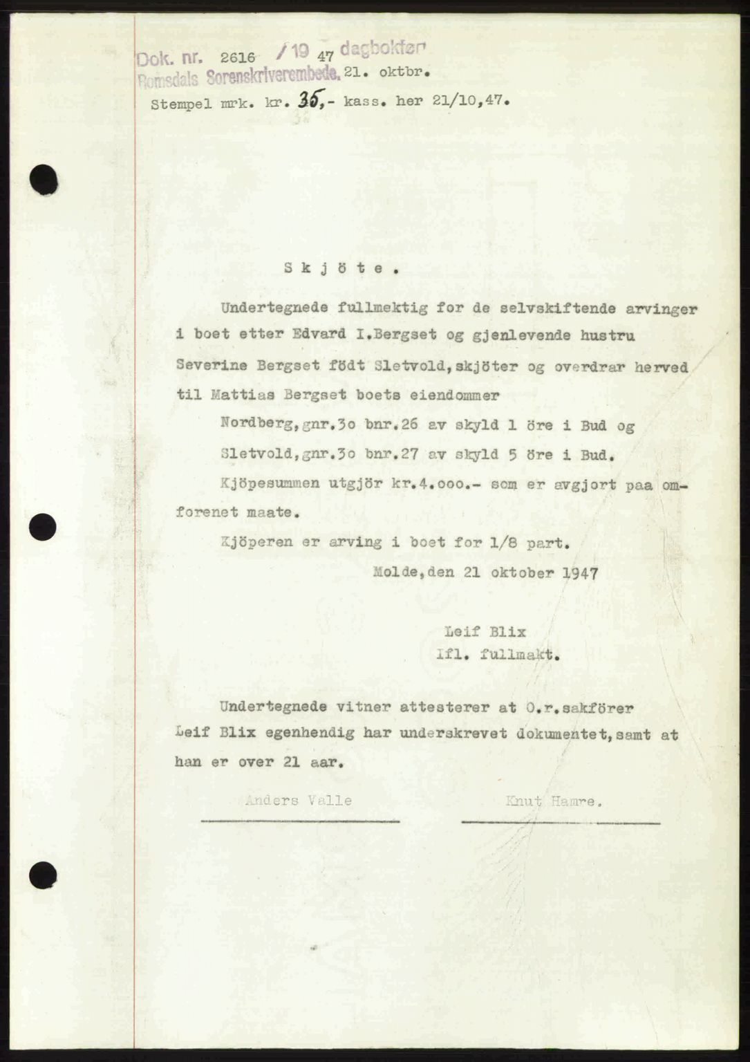 Romsdal sorenskriveri, SAT/A-4149/1/2/2C: Mortgage book no. A24, 1947-1947, Diary no: : 2616/1947