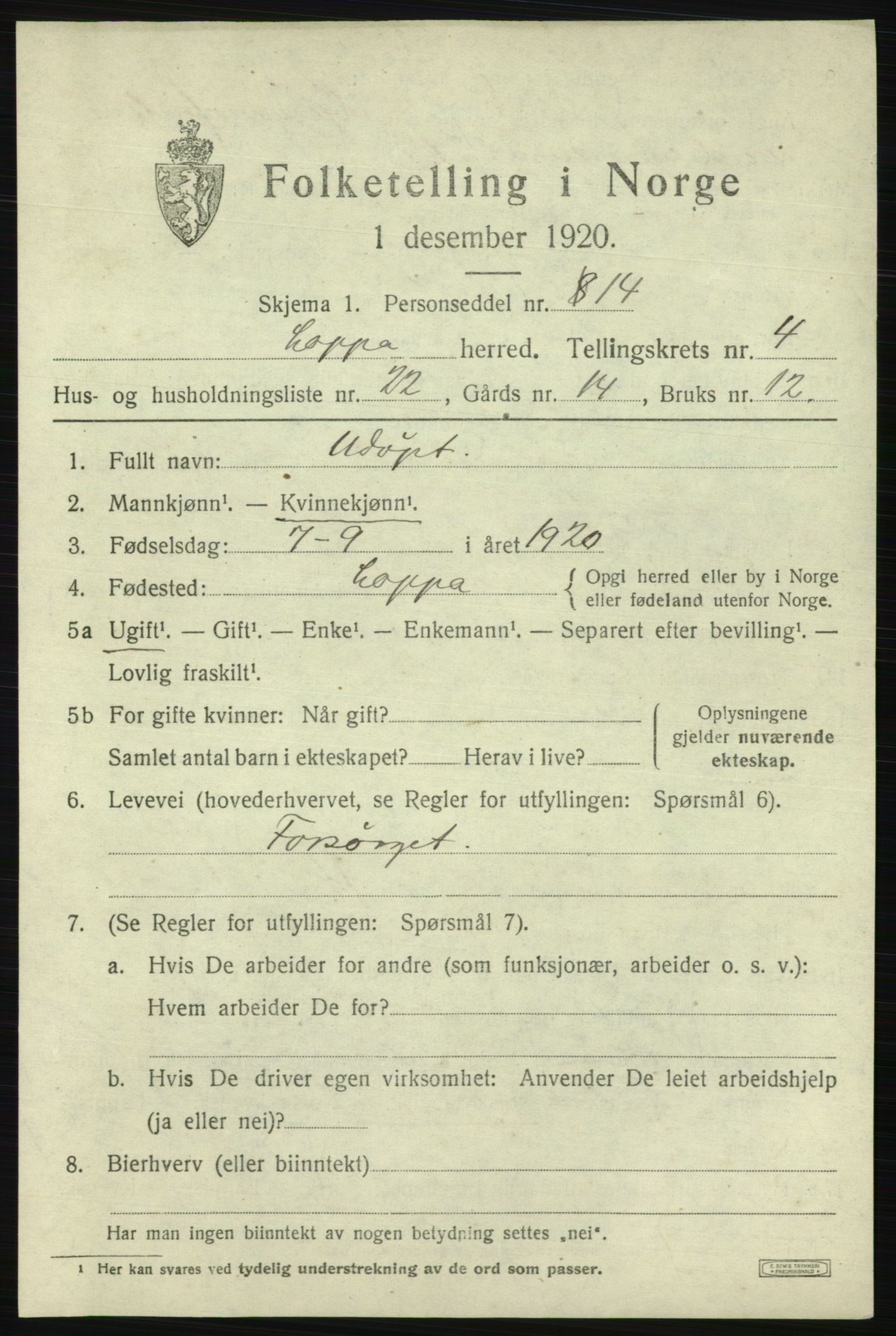 SATØ, 1920 census for Loppa, 1920, p. 1560