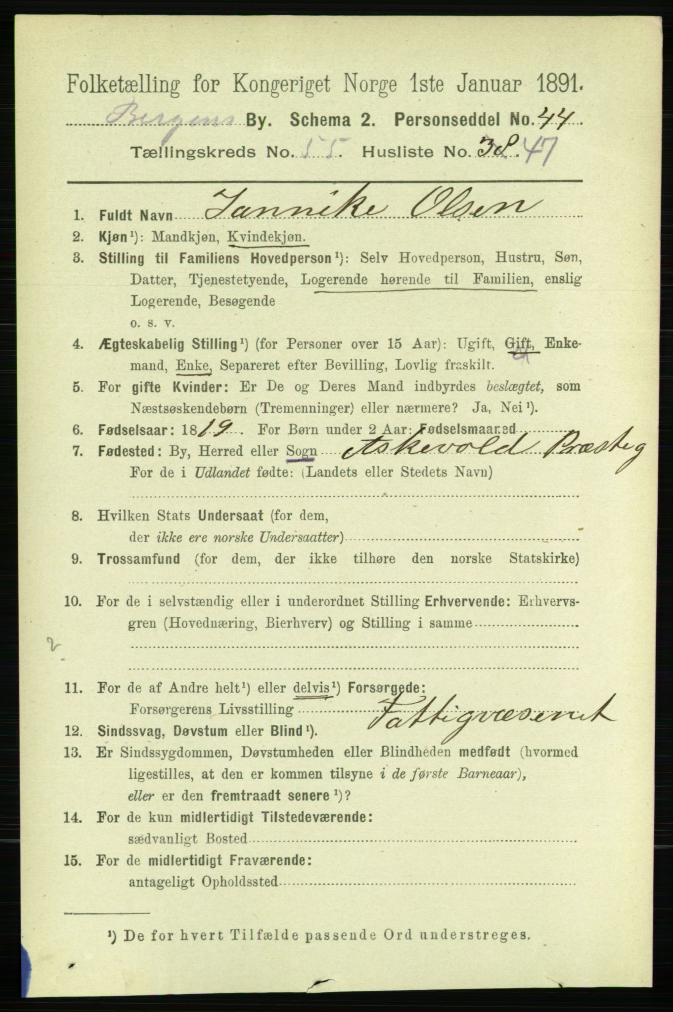 RA, 1891 Census for 1301 Bergen, 1891, p. 64416