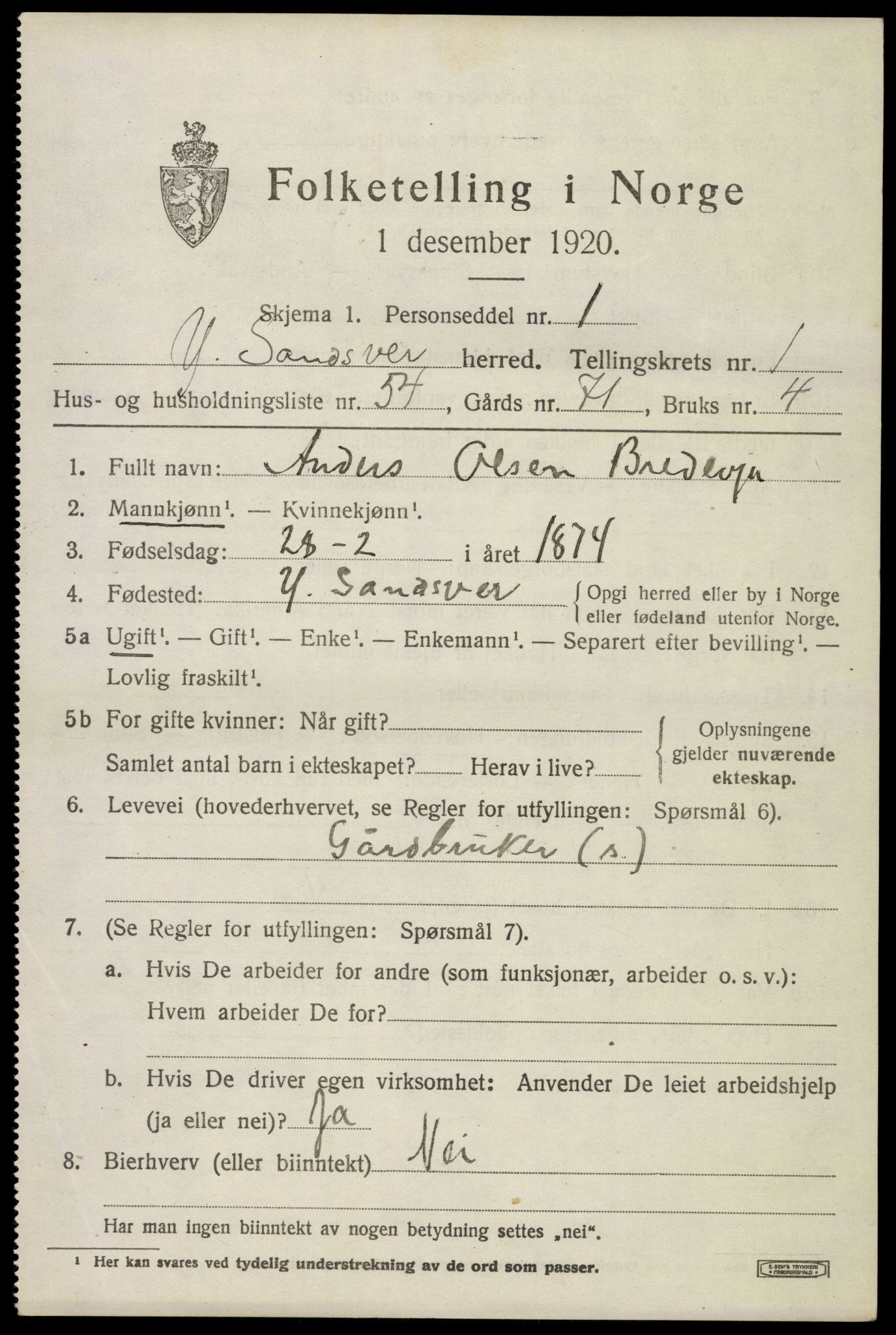 SAKO, 1920 census for Ytre Sandsvær, 1920, p. 1716