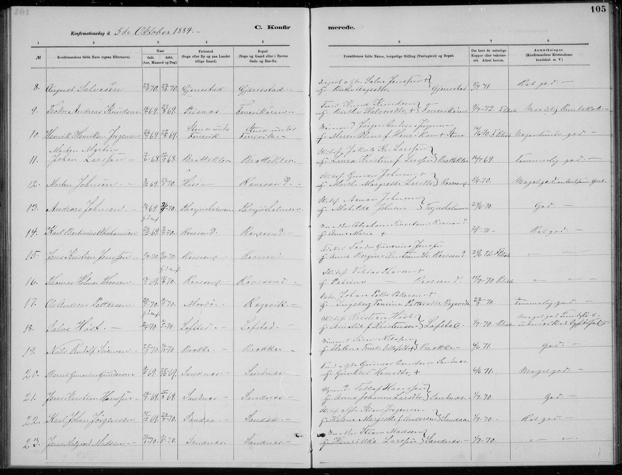 Tromøy sokneprestkontor, AV/SAK-1111-0041/F/Fb/L0005: Parish register (copy) no. B 5, 1877-1891, p. 105