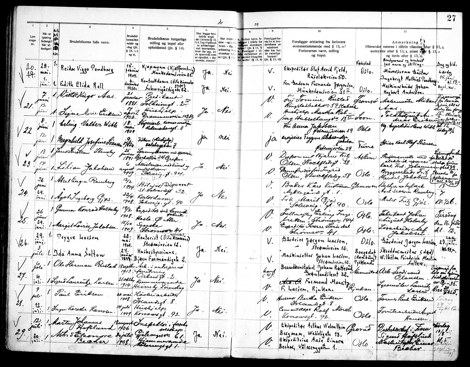 Vålerengen prestekontor Kirkebøker, AV/SAO-A-10878/H/Ha/L0004: Banns register no. 4, 1932-1947, p. 27
