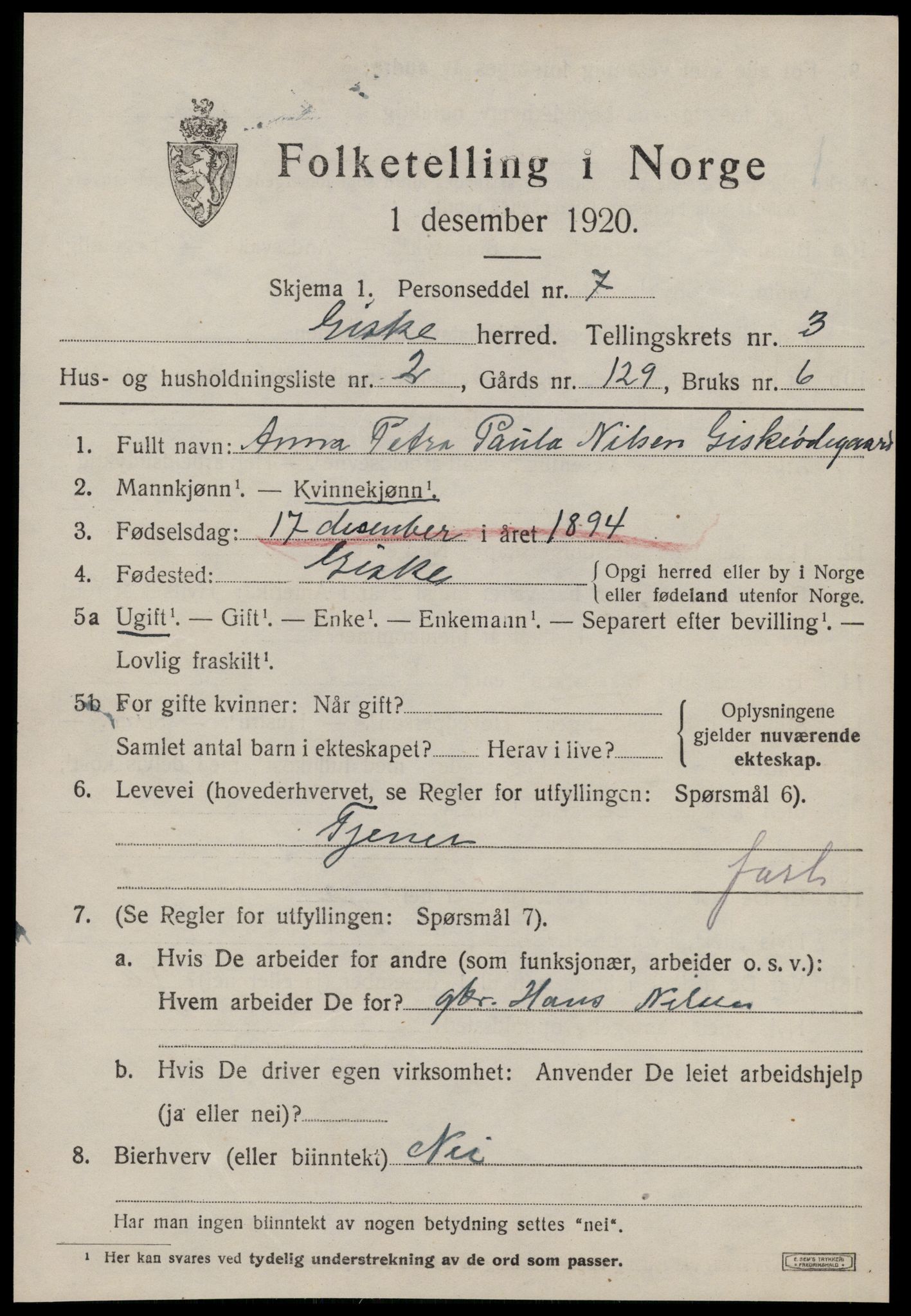 SAT, 1920 census for Giske, 1920, p. 1694