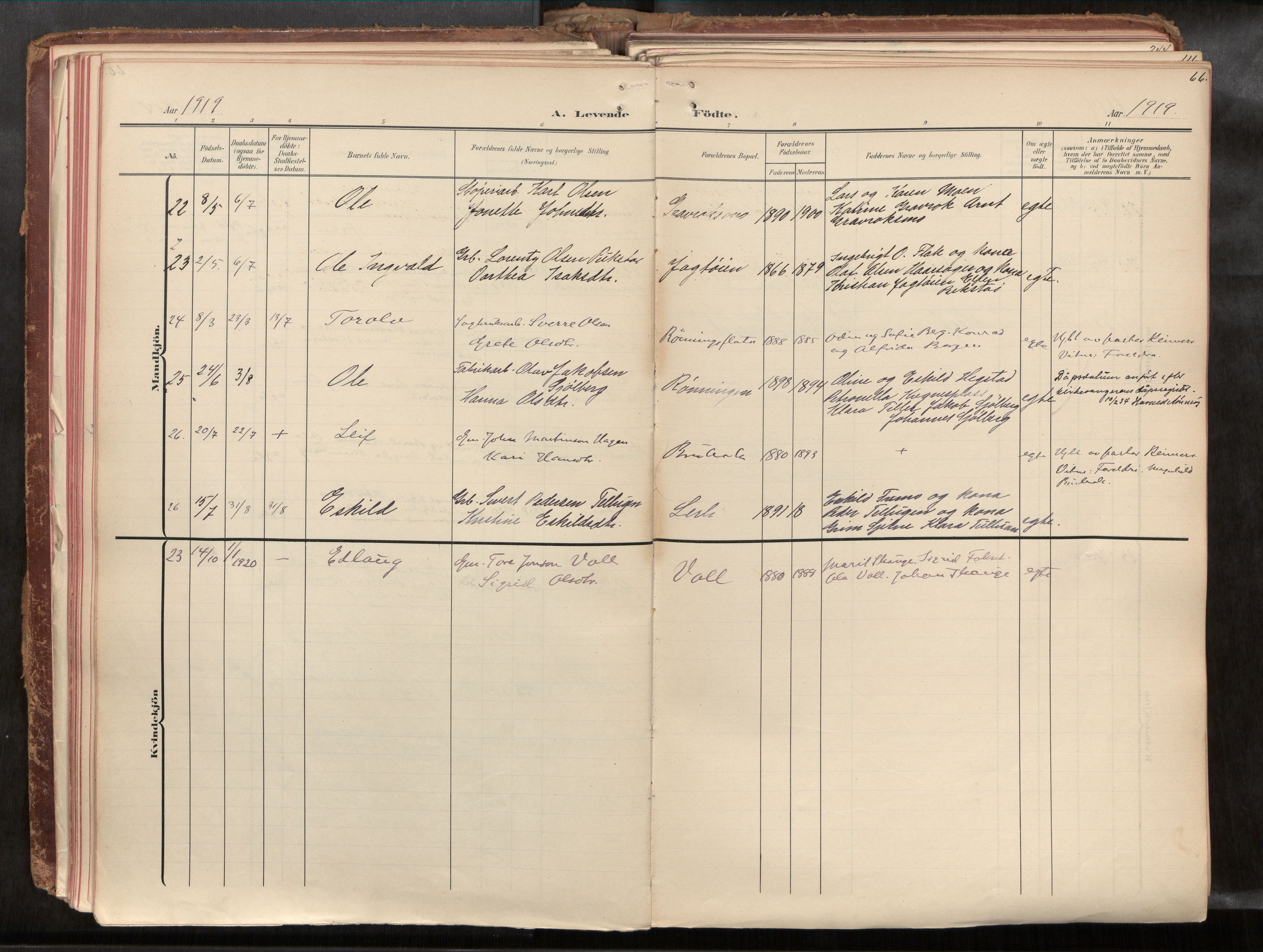 Ministerialprotokoller, klokkerbøker og fødselsregistre - Sør-Trøndelag, SAT/A-1456/691/L1085b: Parish register (official) no. 691A18, 1908-1930, p. 66