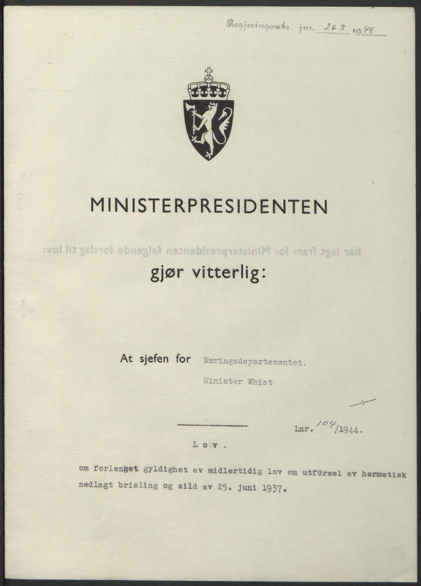 NS-administrasjonen 1940-1945 (Statsrådsekretariatet, de kommisariske statsråder mm), RA/S-4279/D/Db/L0100: Lover, 1944, p. 493