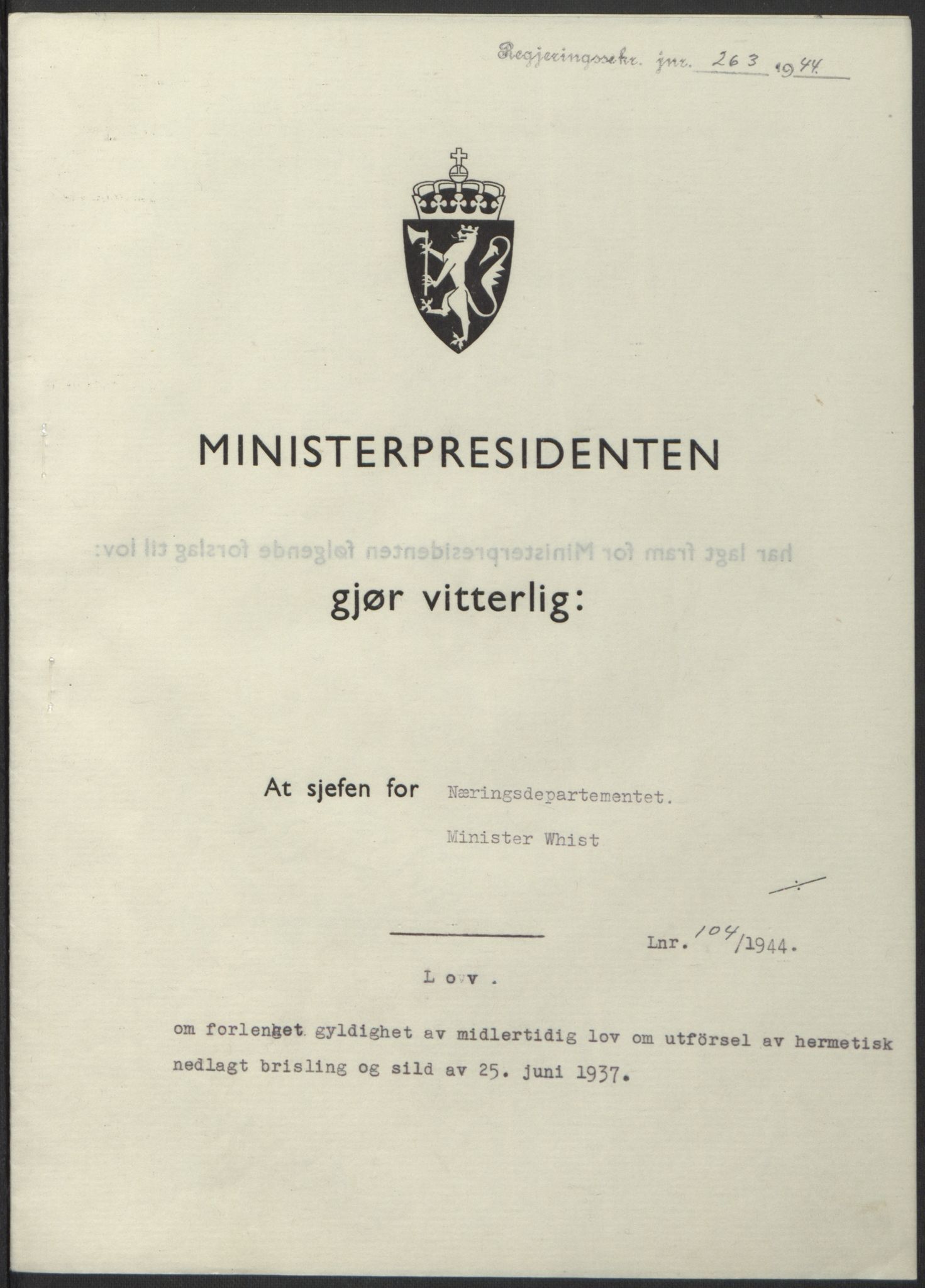 NS-administrasjonen 1940-1945 (Statsrådsekretariatet, de kommisariske statsråder mm), AV/RA-S-4279/D/Db/L0100: Lover, 1944, p. 493