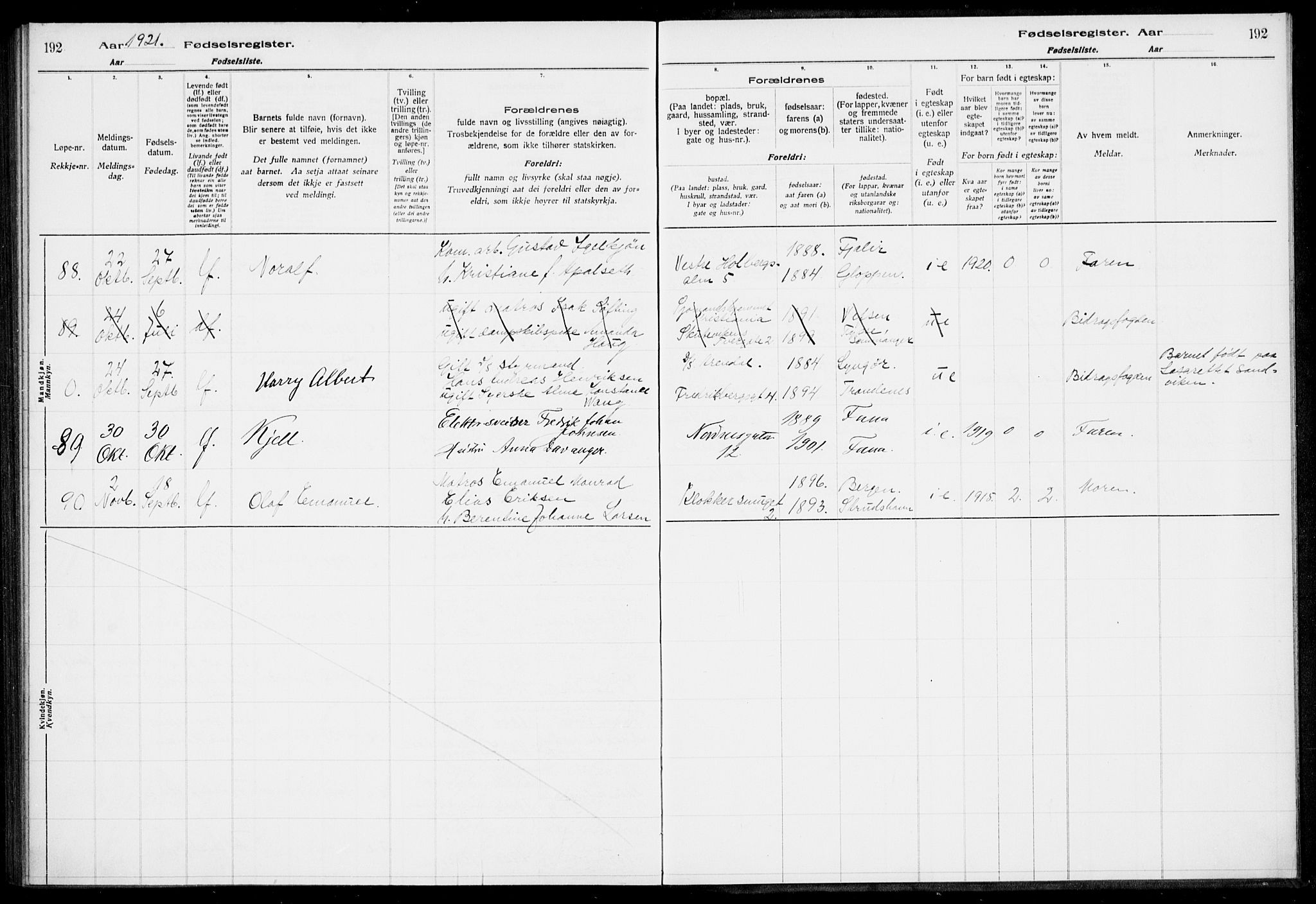 Nykirken Sokneprestembete, AV/SAB-A-77101/I/Id/L00A1: Birth register no. A 1, 1916-1922, p. 192