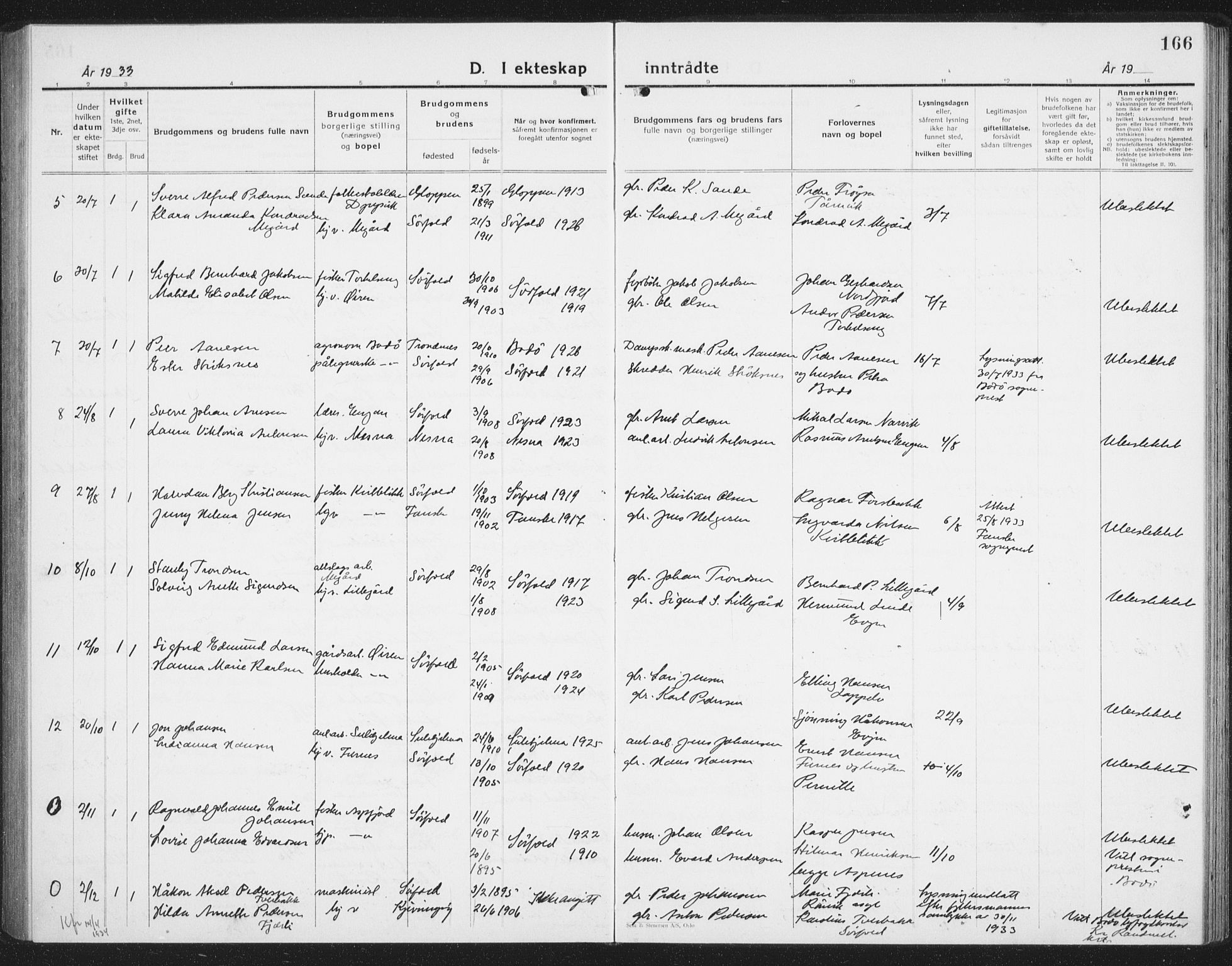 Ministerialprotokoller, klokkerbøker og fødselsregistre - Nordland, AV/SAT-A-1459/854/L0788: Parish register (copy) no. 854C04, 1926-1940, p. 166