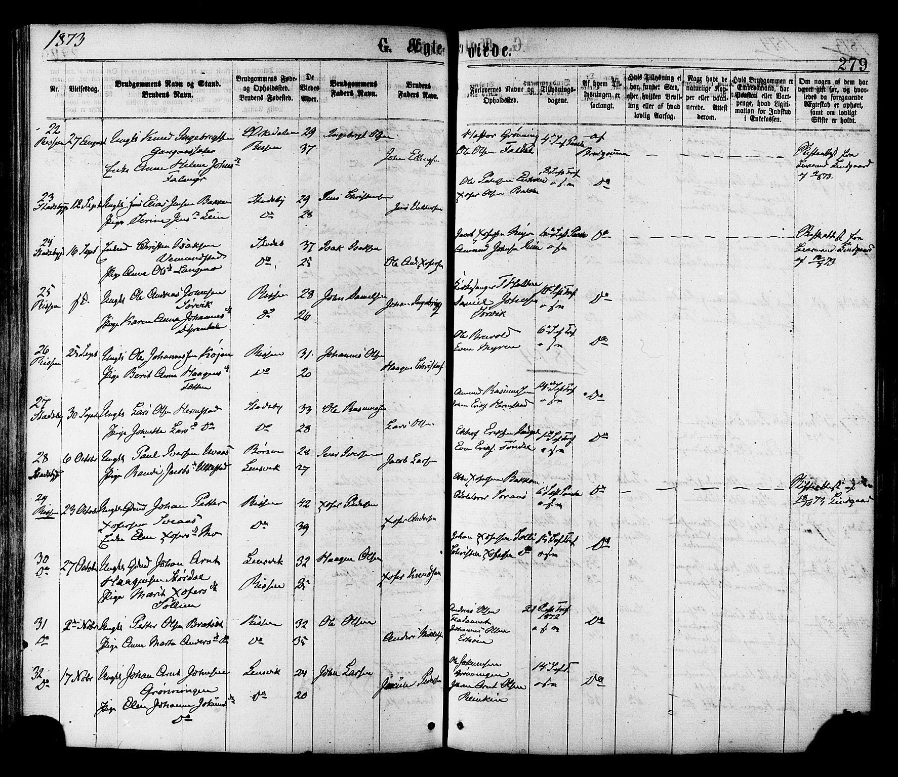 Ministerialprotokoller, klokkerbøker og fødselsregistre - Sør-Trøndelag, SAT/A-1456/646/L0613: Parish register (official) no. 646A11, 1870-1884, p. 279