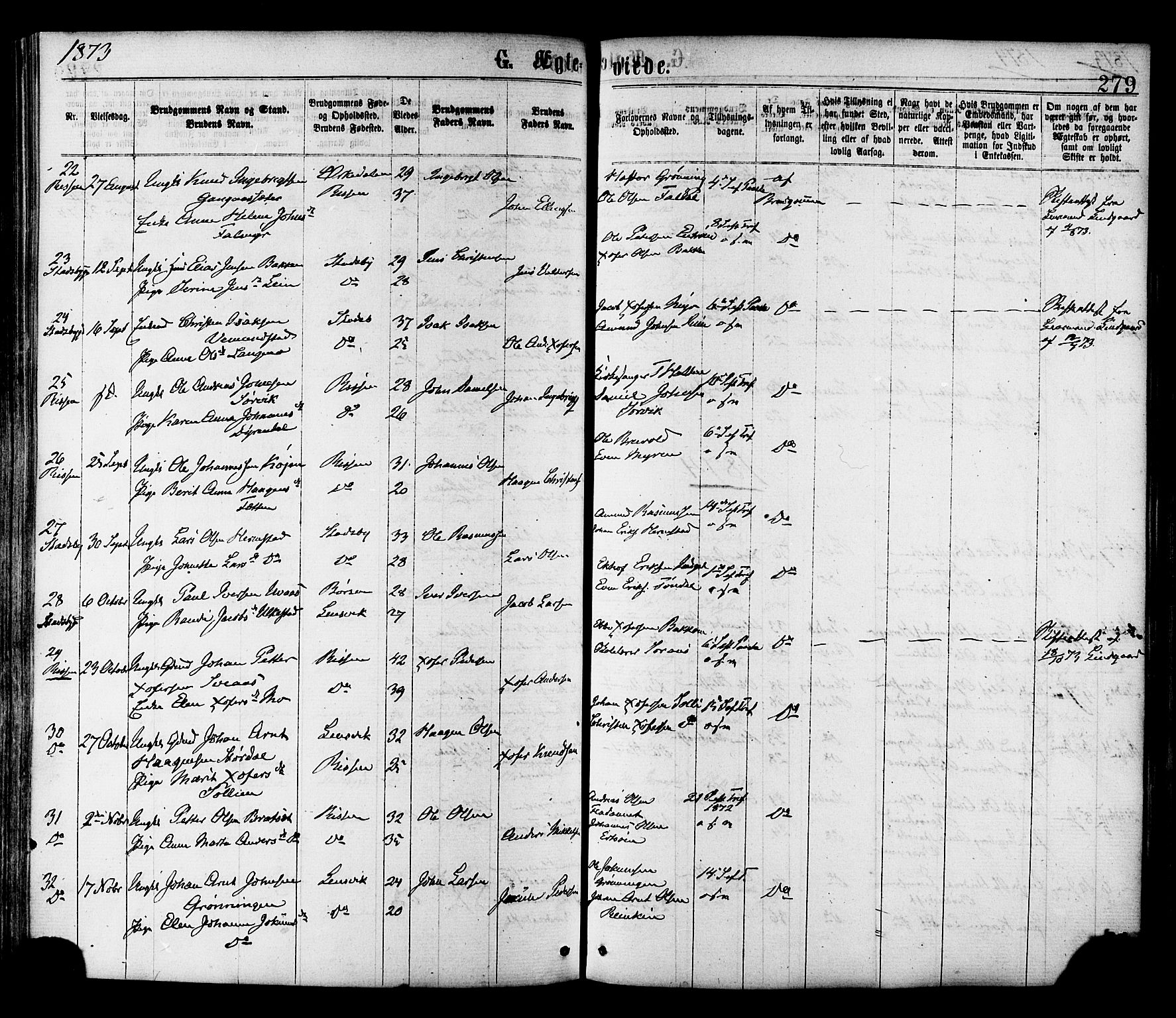 Ministerialprotokoller, klokkerbøker og fødselsregistre - Sør-Trøndelag, AV/SAT-A-1456/646/L0613: Parish register (official) no. 646A11, 1870-1884, p. 279