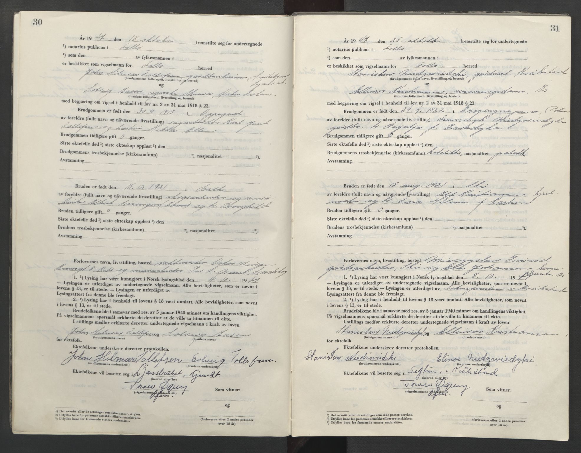 Follo sorenskriveri, AV/SAO-A-10274/L/La/Lab/L0003: Vigselsbok, 1946-1955, p. 30-31