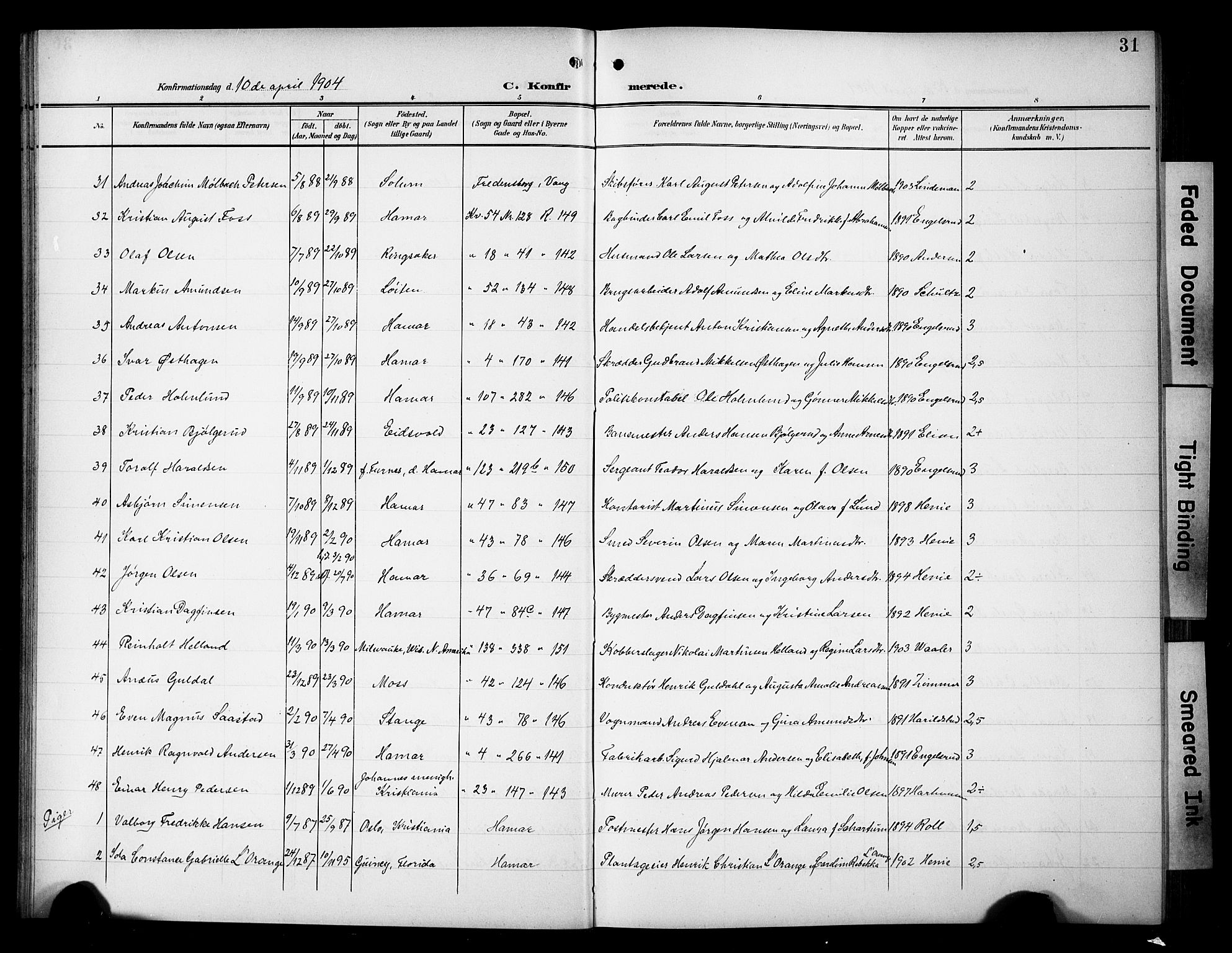 Hamar prestekontor, AV/SAH-DOMPH-002/H/Ha/Hab/L0002: Parish register (copy) no. 2, 1899-1929, p. 31