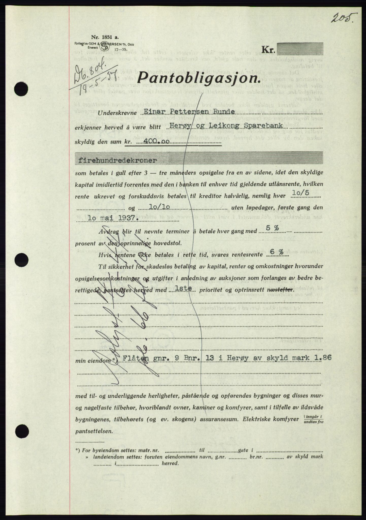 Søre Sunnmøre sorenskriveri, AV/SAT-A-4122/1/2/2C/L0063: Mortgage book no. 57, 1937-1937, Diary no: : 804/1937