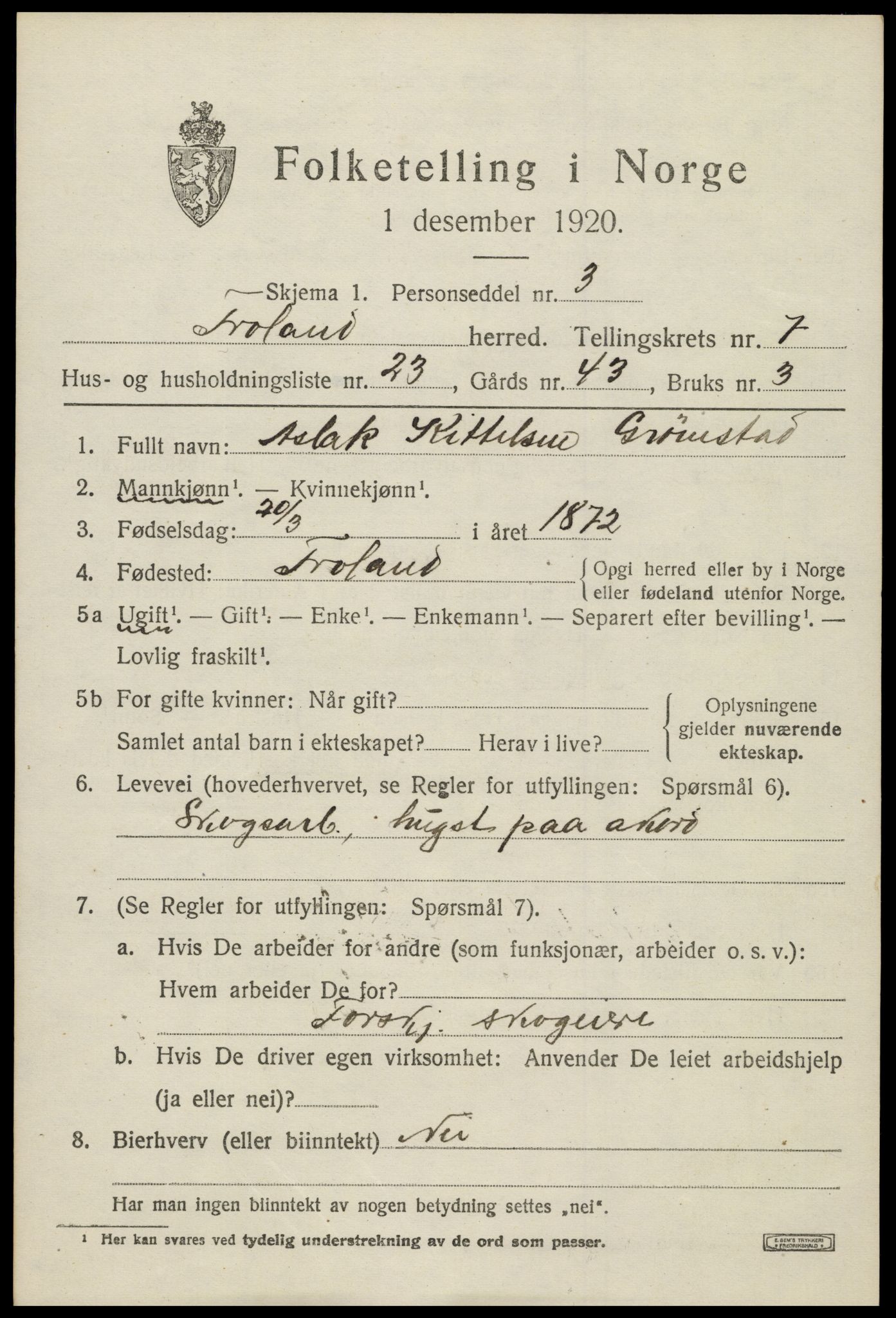 SAK, 1920 census for Froland, 1920, p. 4571