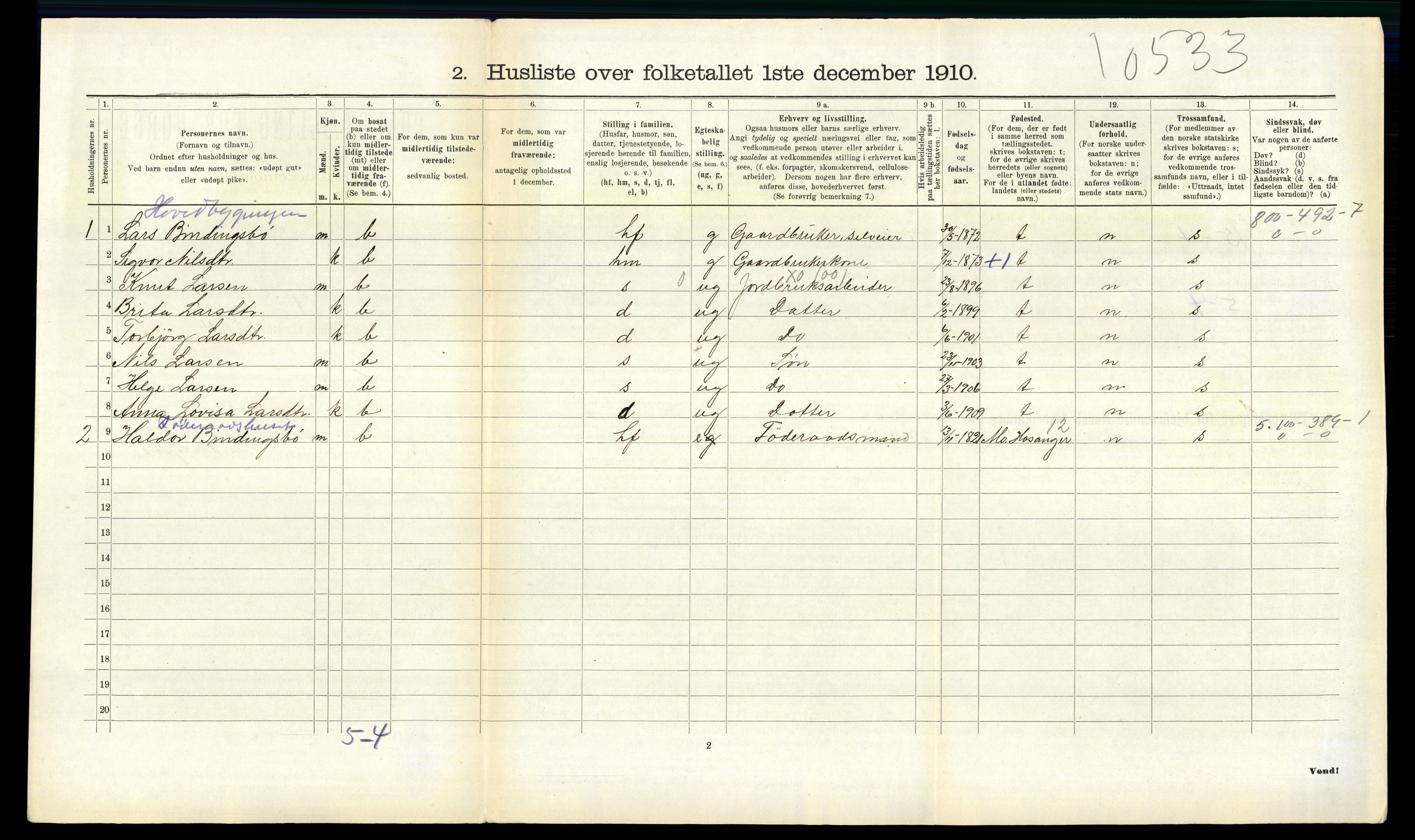 RA, 1910 census for Evanger, 1910, p. 338