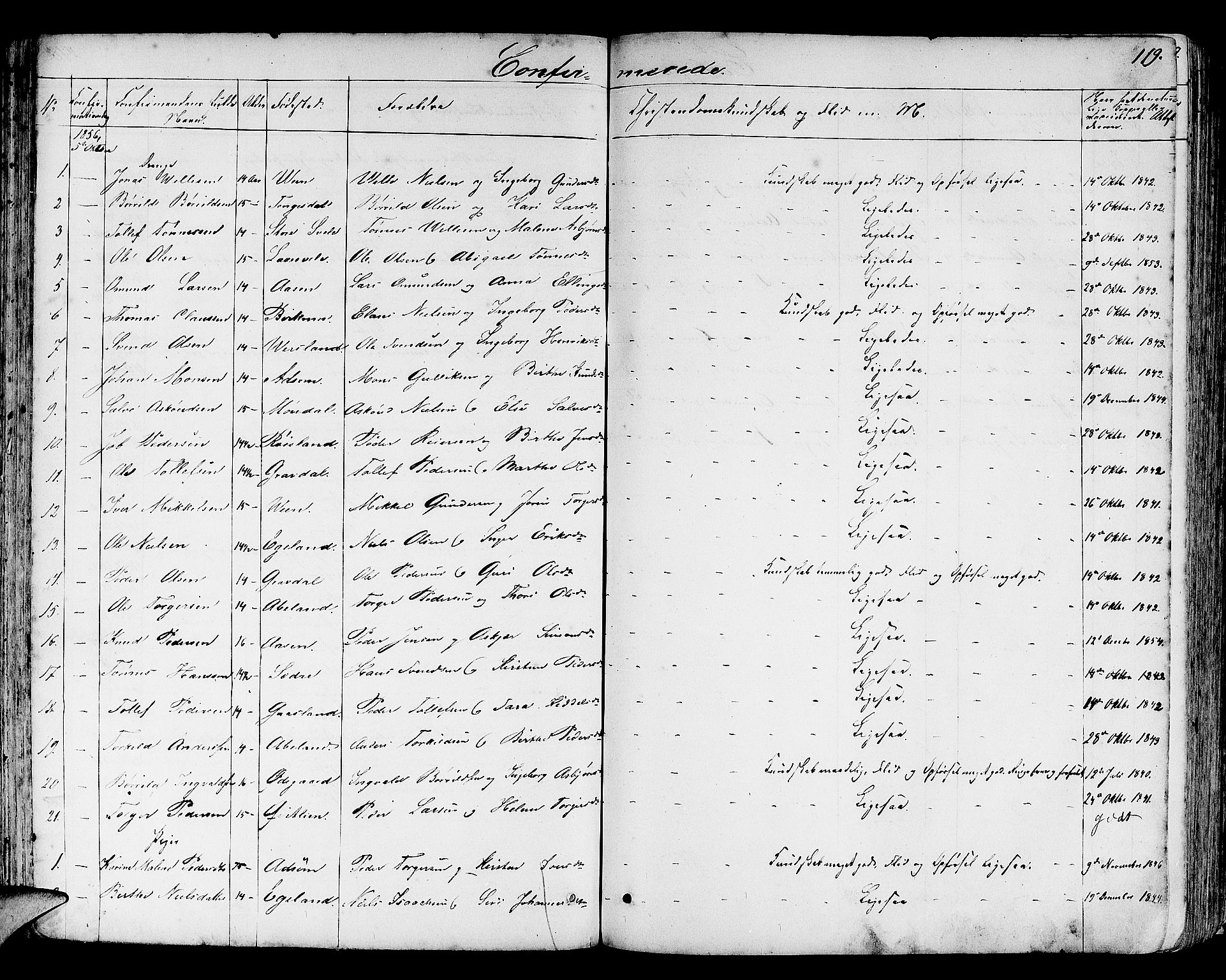 Helleland sokneprestkontor, AV/SAST-A-101810: Parish register (copy) no. B 3, 1847-1886, p. 119