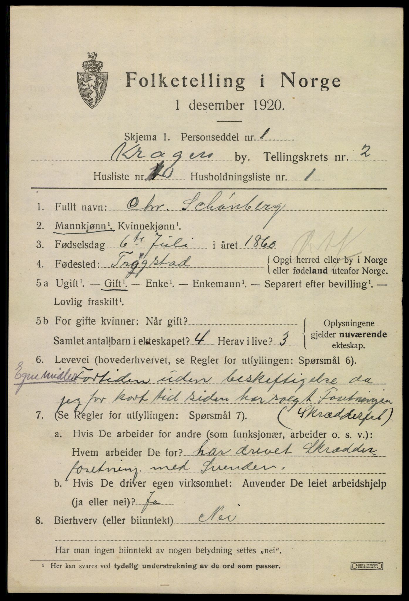 SAKO, 1920 census for Kragerø, 1920, p. 5425