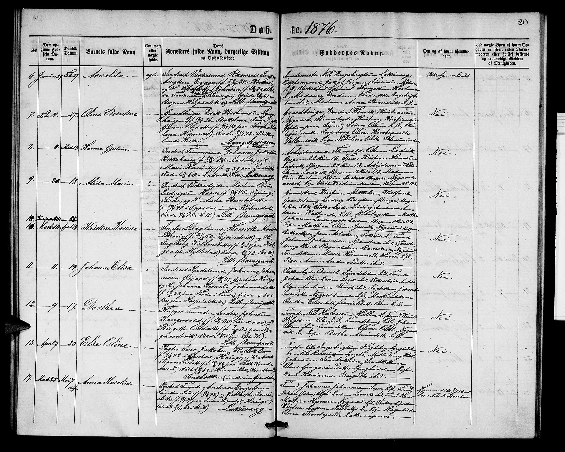 Laksevåg Sokneprestembete, SAB/A-76501/H/Ha/Hab/Haba/L0001: Parish register (copy) no. A 1, 1875-1877, p. 20