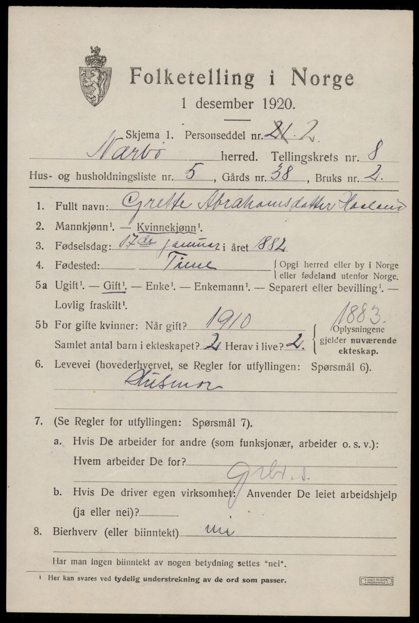 SAST, 1920 census for Nærbø, 1920, p. 5139