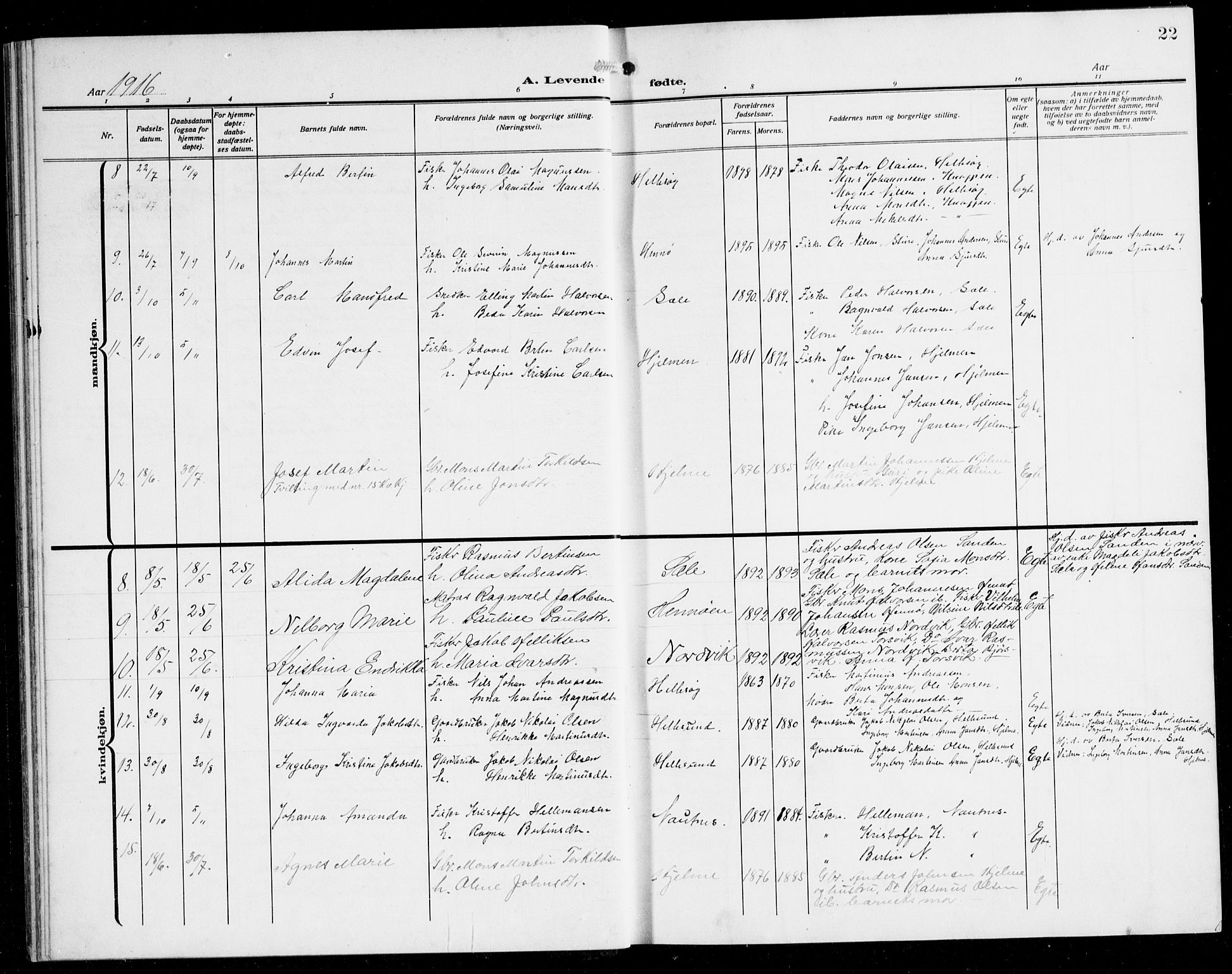 Herdla Sokneprestembete, SAB/A-75701/H/Hab: Parish register (copy) no. B 1, 1909-1929, p. 22
