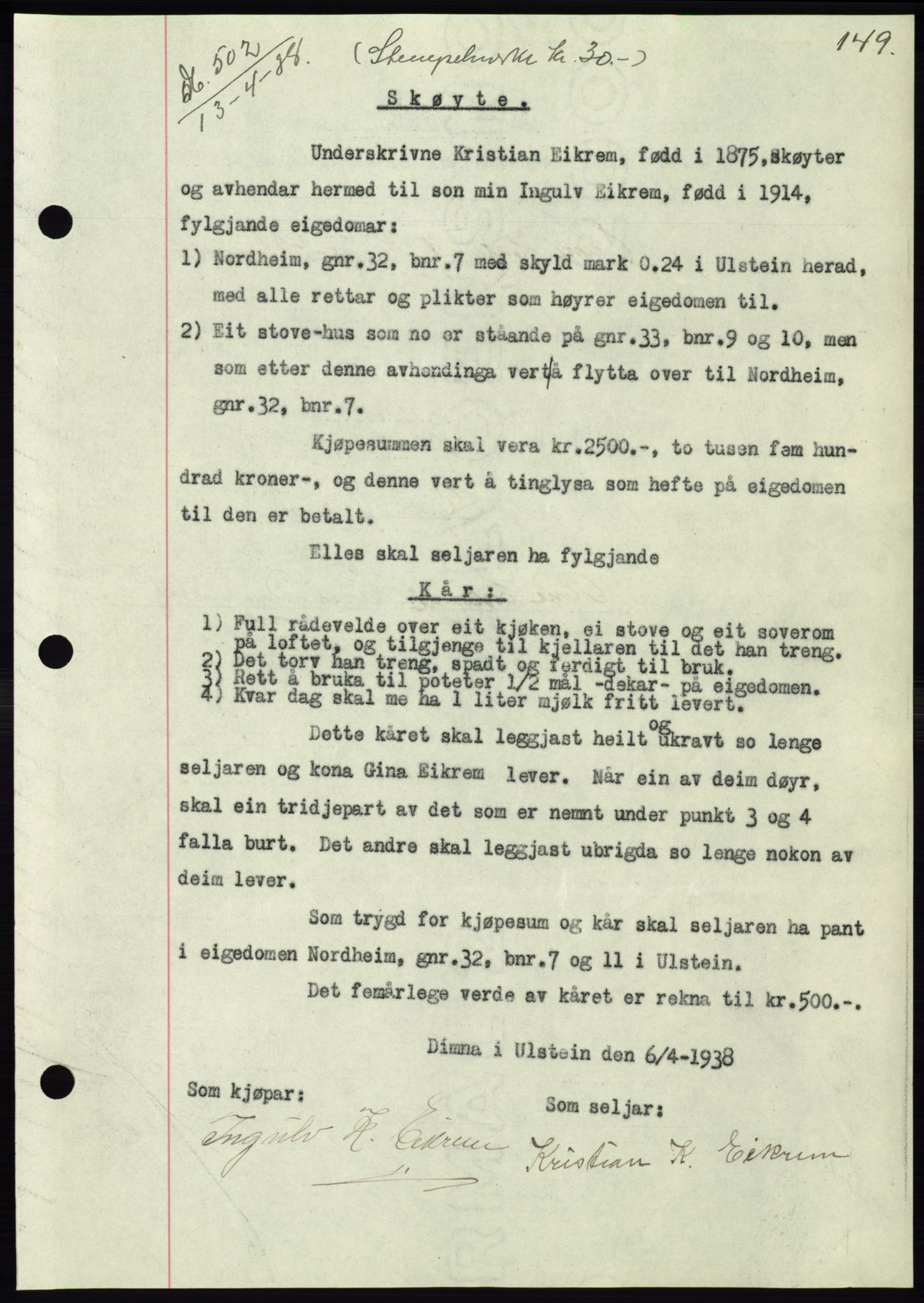 Søre Sunnmøre sorenskriveri, AV/SAT-A-4122/1/2/2C/L0065: Mortgage book no. 59, 1938-1938, Diary no: : 502/1938