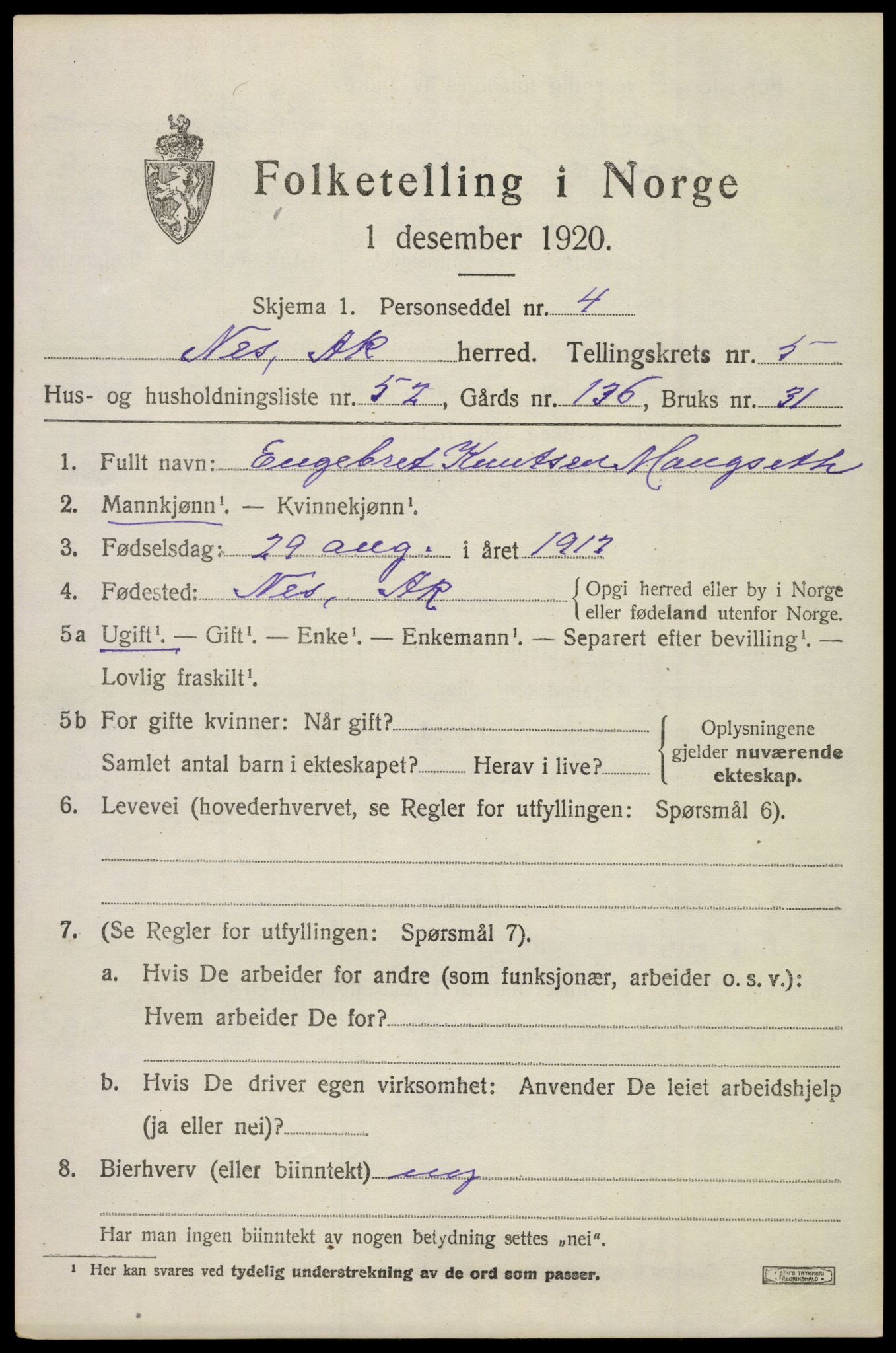 SAO, 1920 census for Nes, 1920, p. 7116