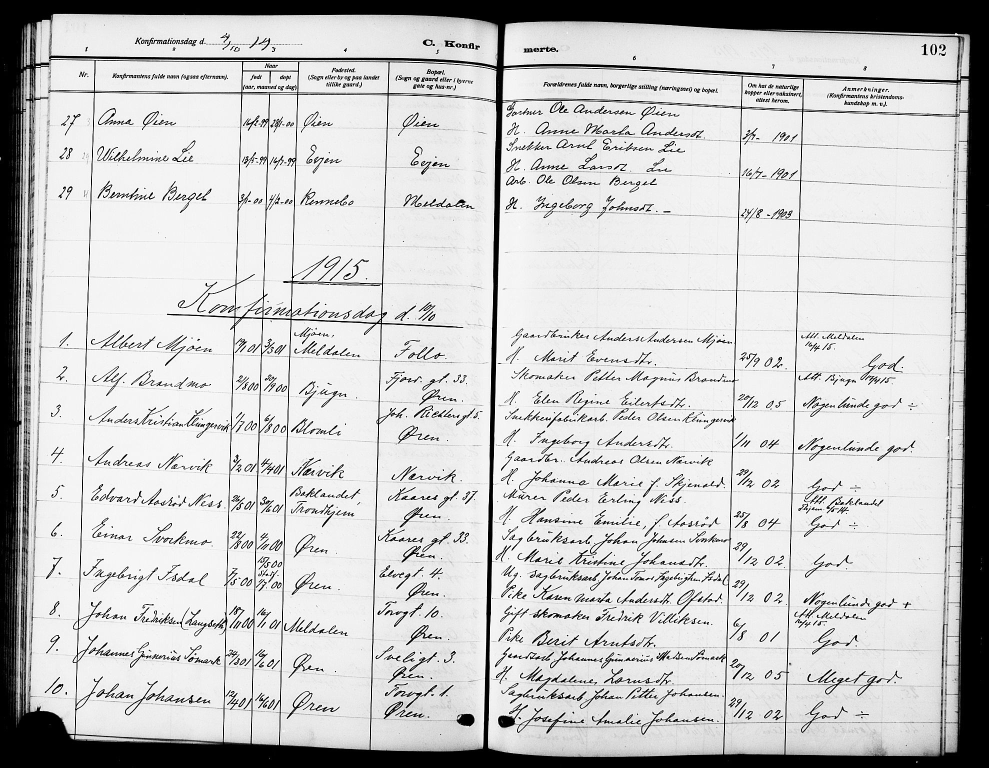 Ministerialprotokoller, klokkerbøker og fødselsregistre - Sør-Trøndelag, SAT/A-1456/669/L0831: Parish register (copy) no. 669C01, 1909-1924, p. 102