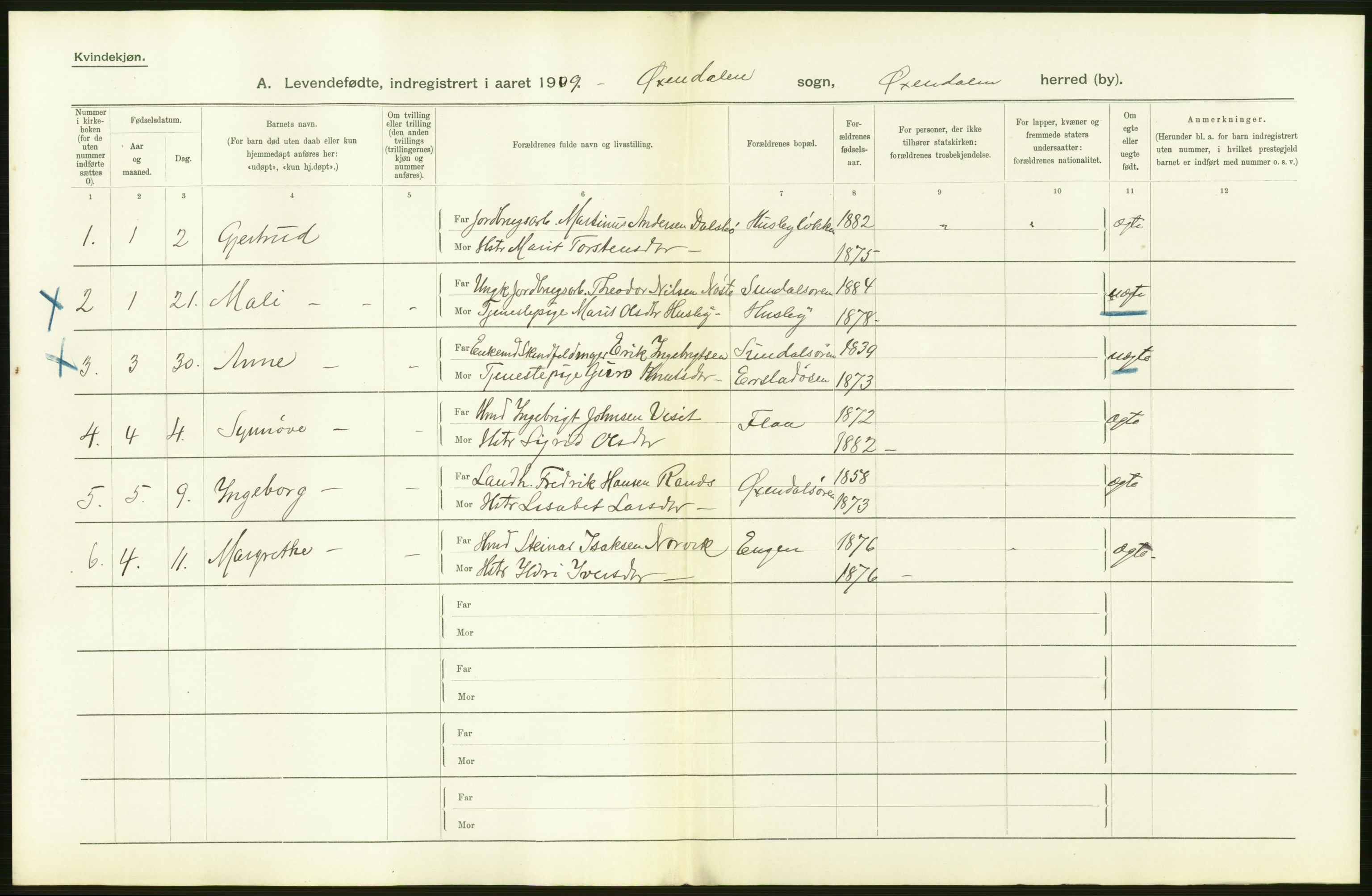 Statistisk sentralbyrå, Sosiodemografiske emner, Befolkning, AV/RA-S-2228/D/Df/Dfa/Dfag/L0036: Romsdals amt: Levendefødte menn og kvinner. Bygder., 1909, p. 20