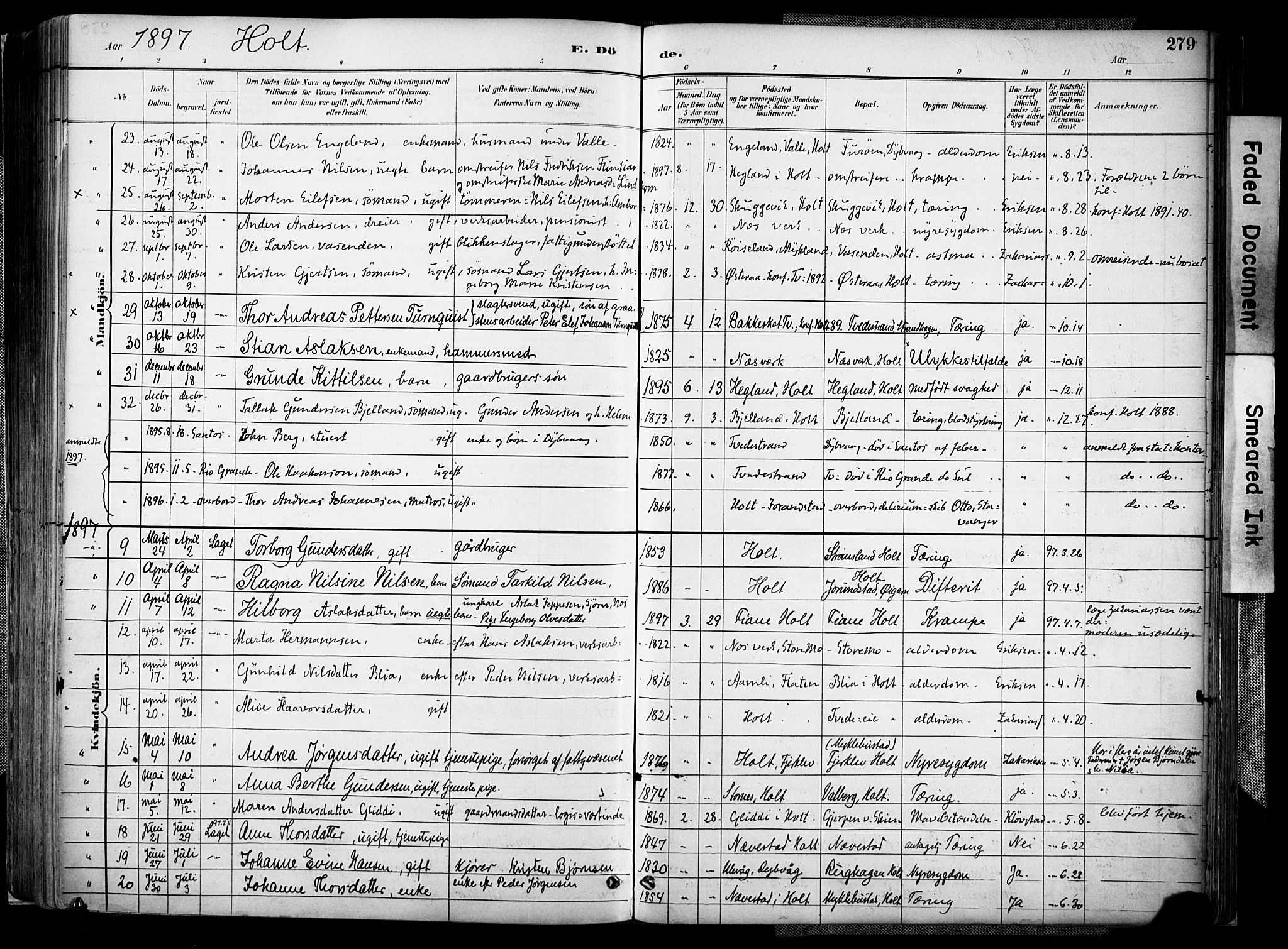 Holt sokneprestkontor, AV/SAK-1111-0021/F/Fa/L0012: Parish register (official) no. A 12, 1885-1907, p. 279